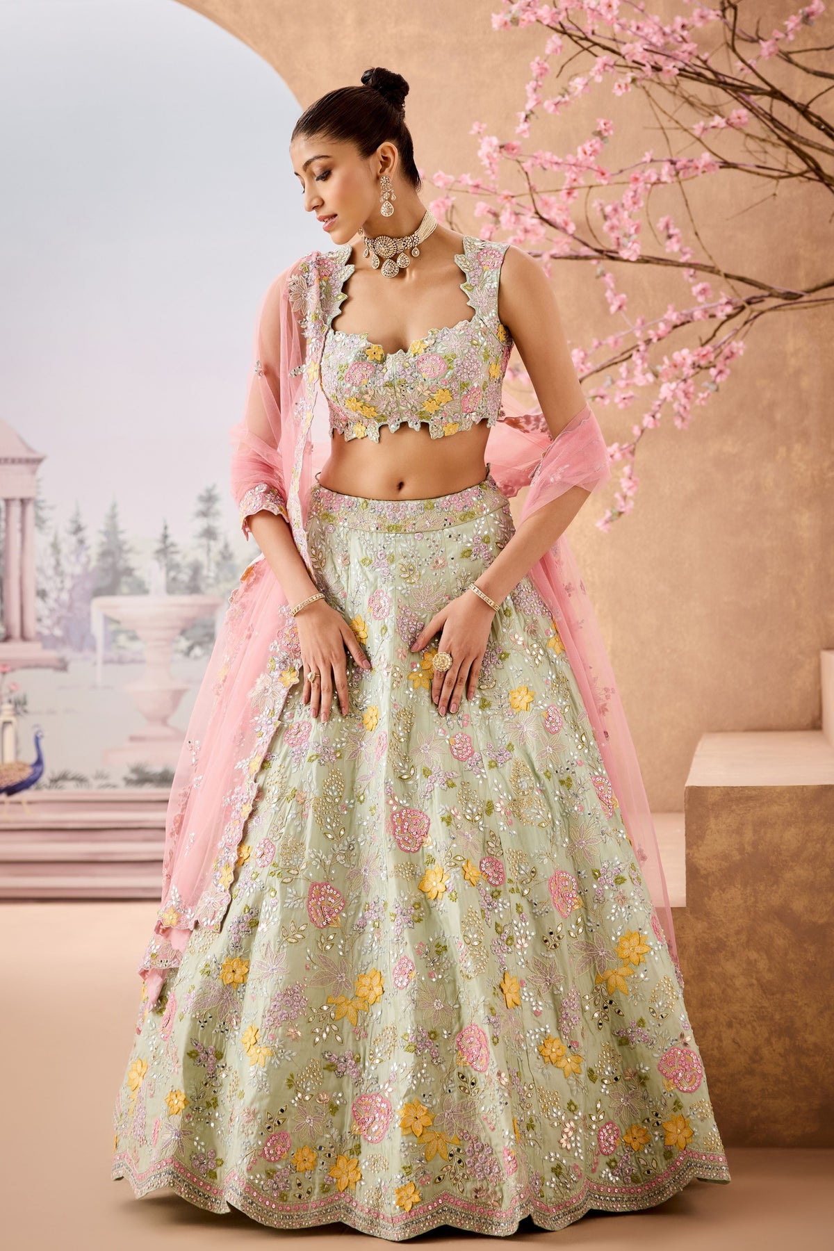 Msi Mint Yellow 3d Lehenga Set