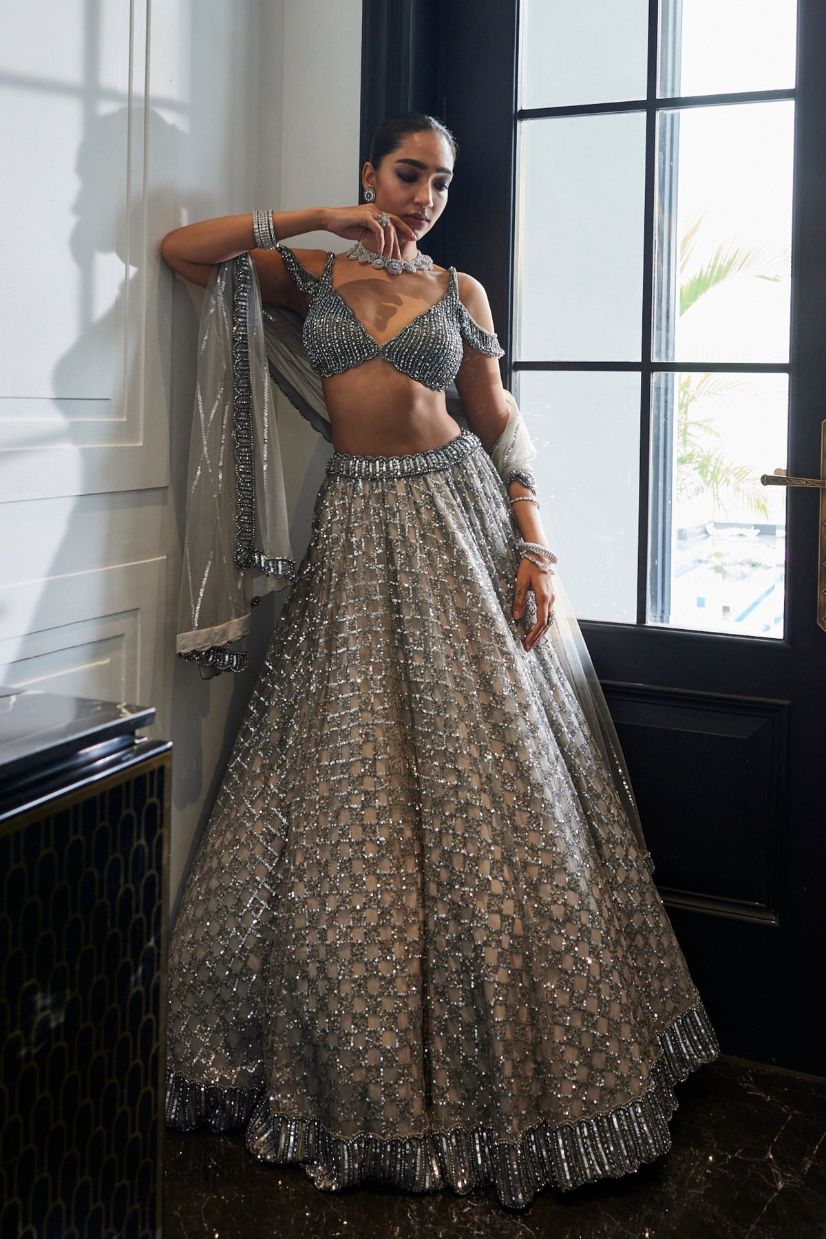 Crystal Grey Embroidered Lehenga Set