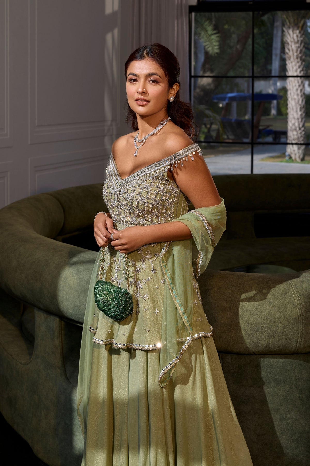 Sage Green Off Shoulder Sharara Set