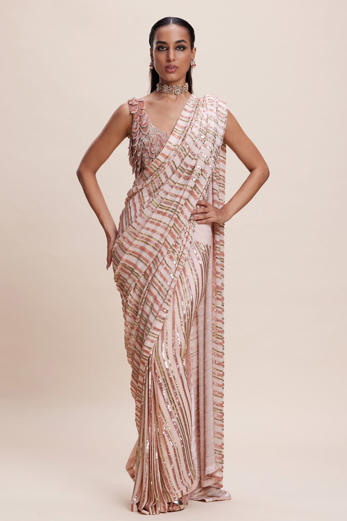 Peach Sequin Saree