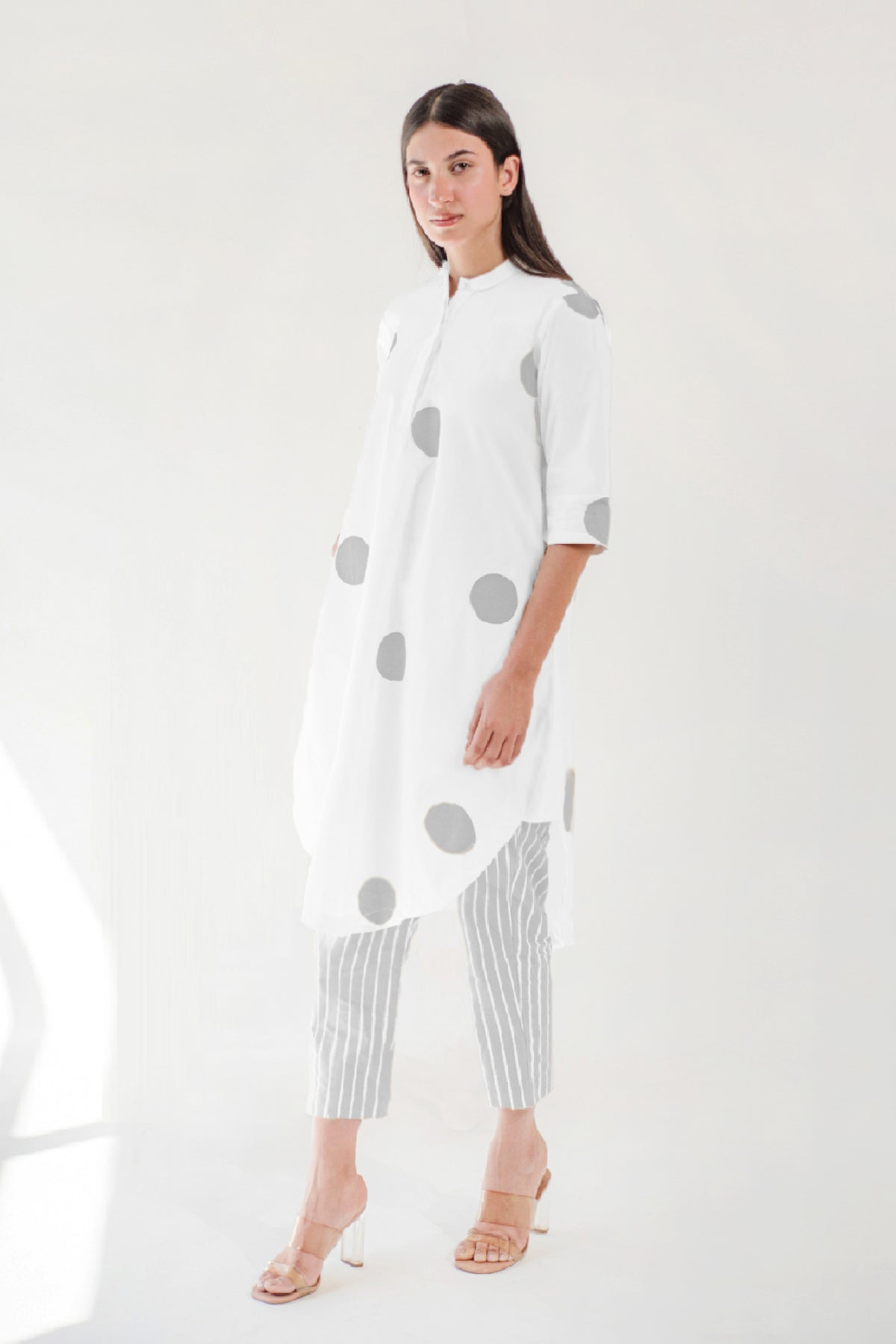 White Polka Tunic With Grey Pant