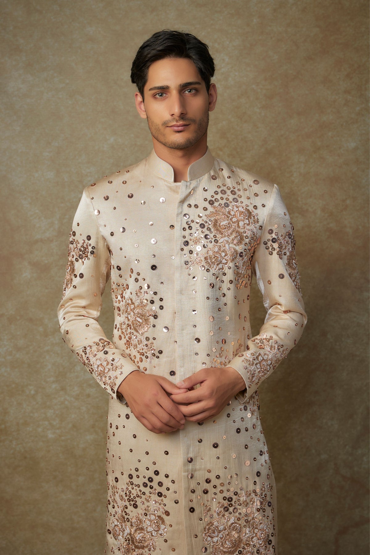 Beige Embroidered Sherwani Set