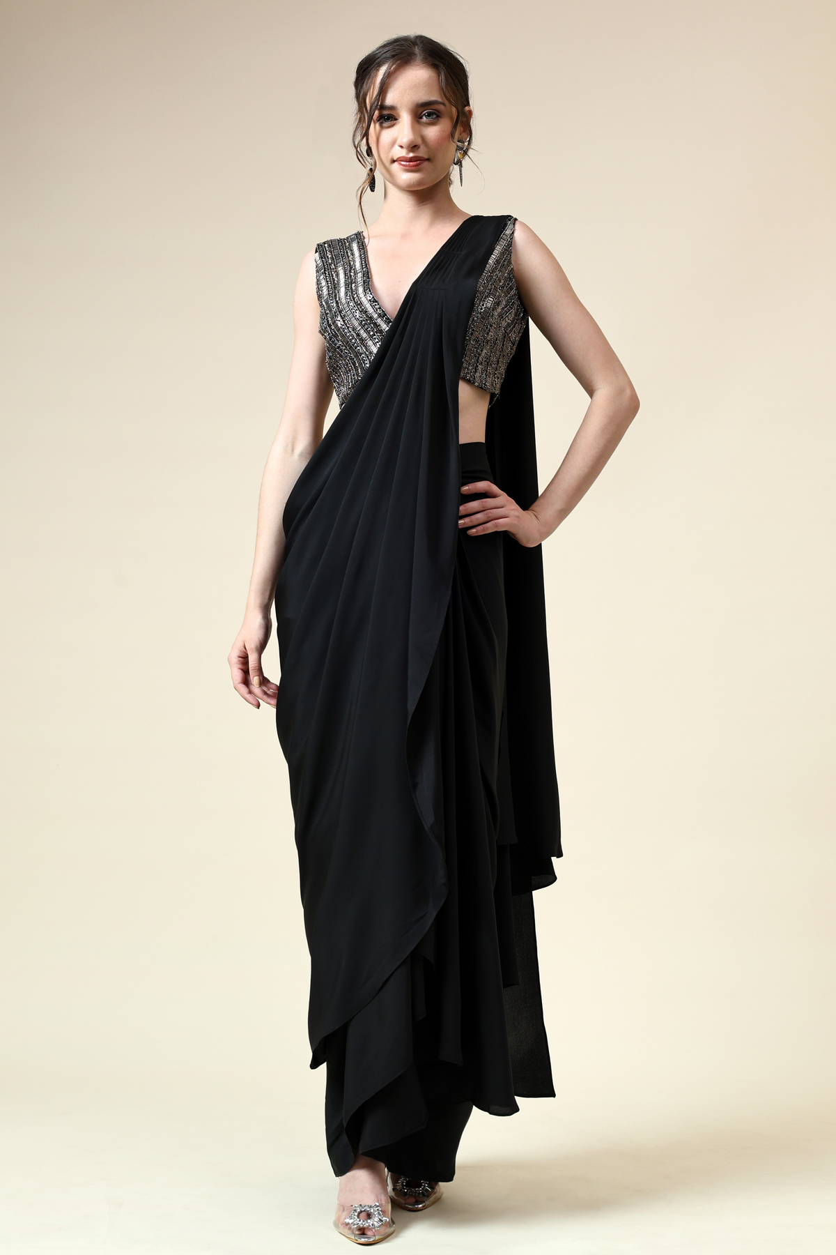 Gunmetal Embellished  Blouse With Pre- Draped Sari