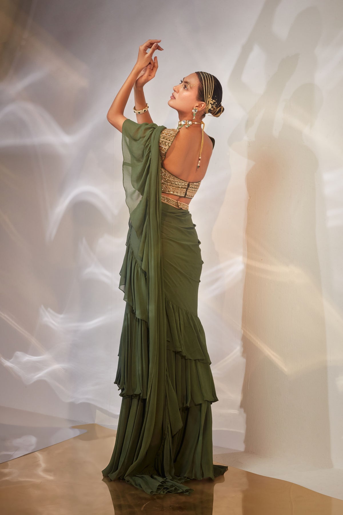 Green Ruffle Drape Saree