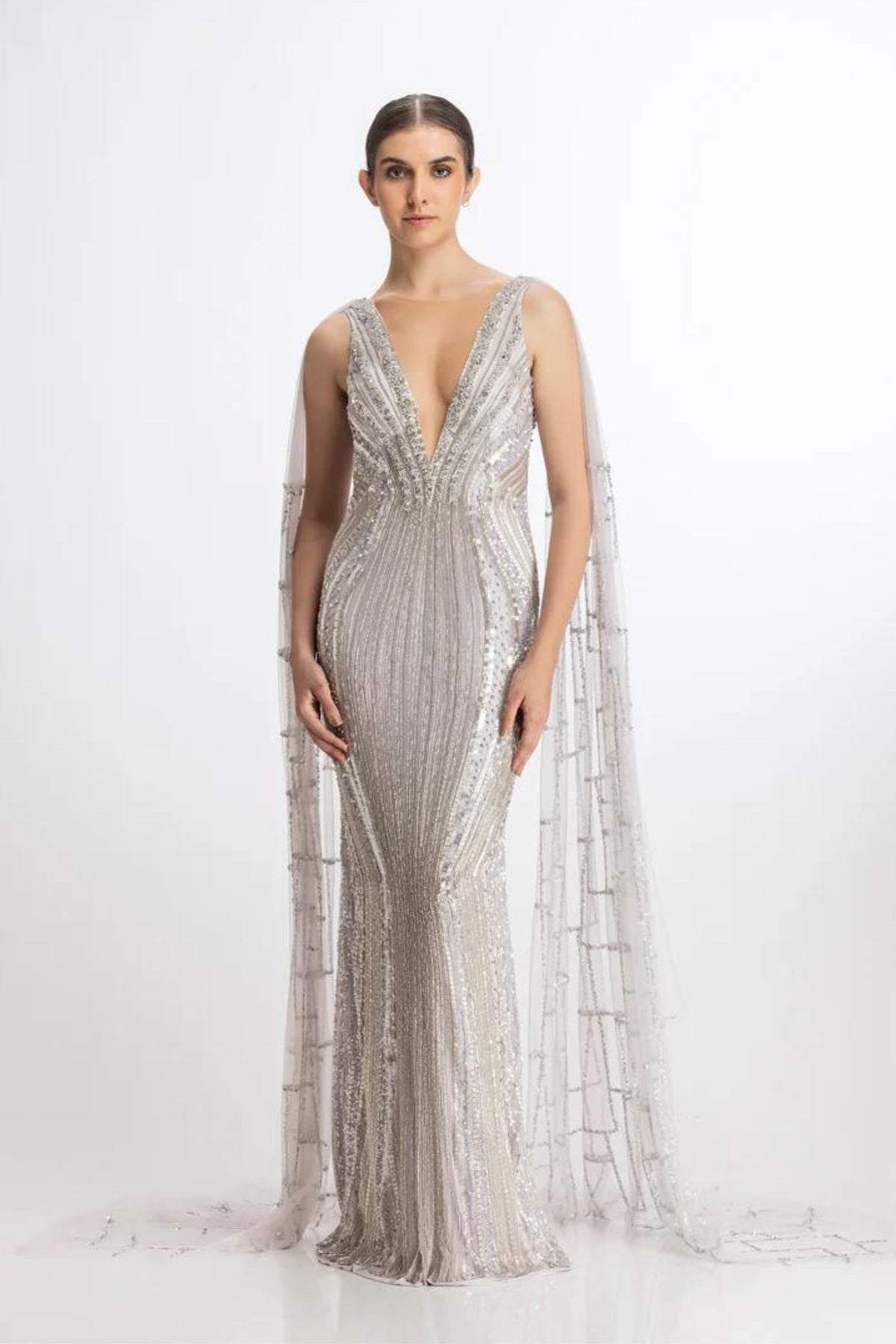 Metallic embroidered wing gown