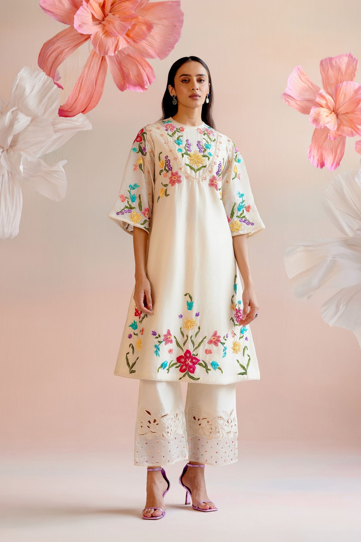 Ivory Floral Embroidered Yoke Detail Kurta Set