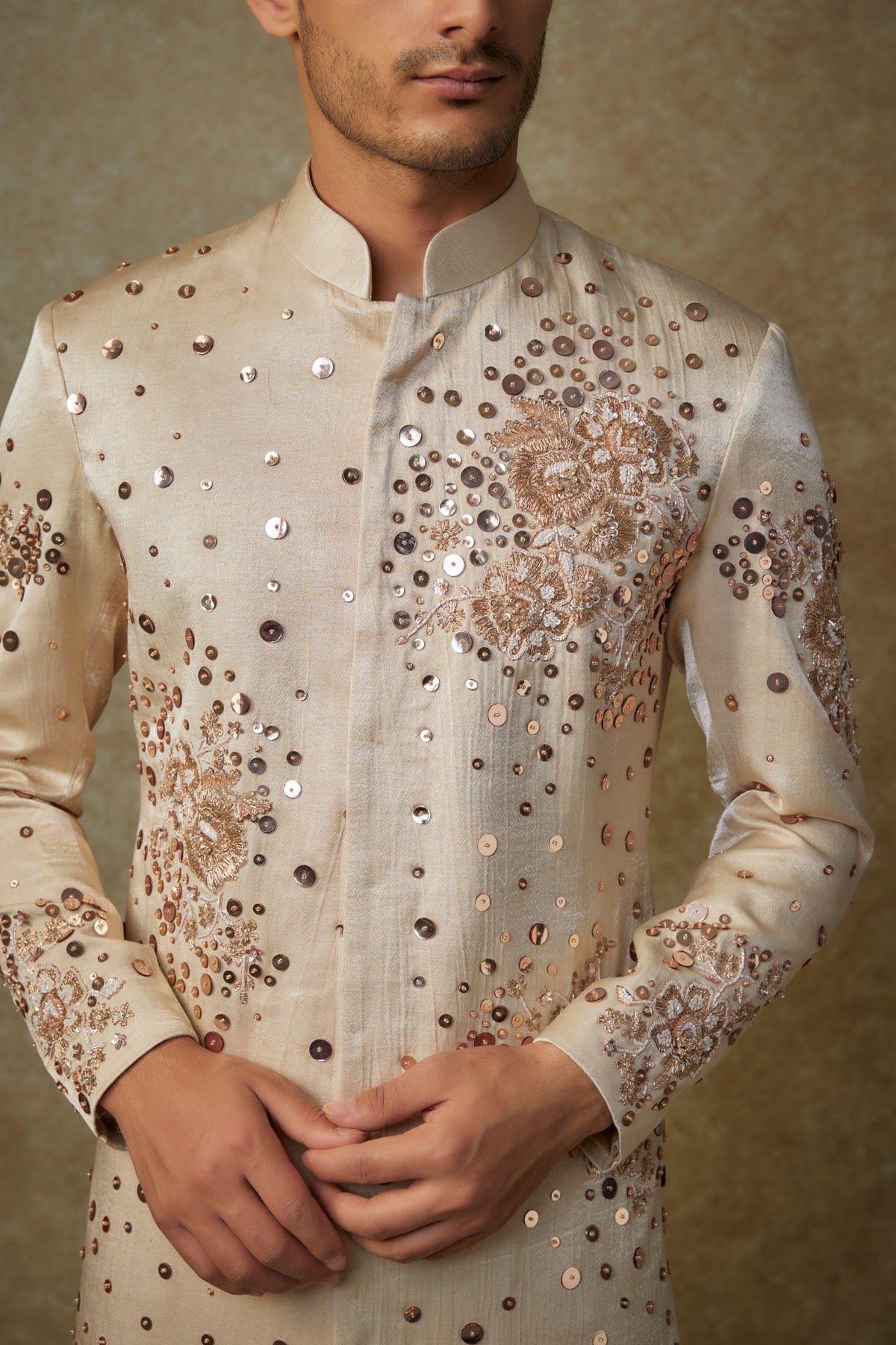 Beige Embroidered Sherwani Set