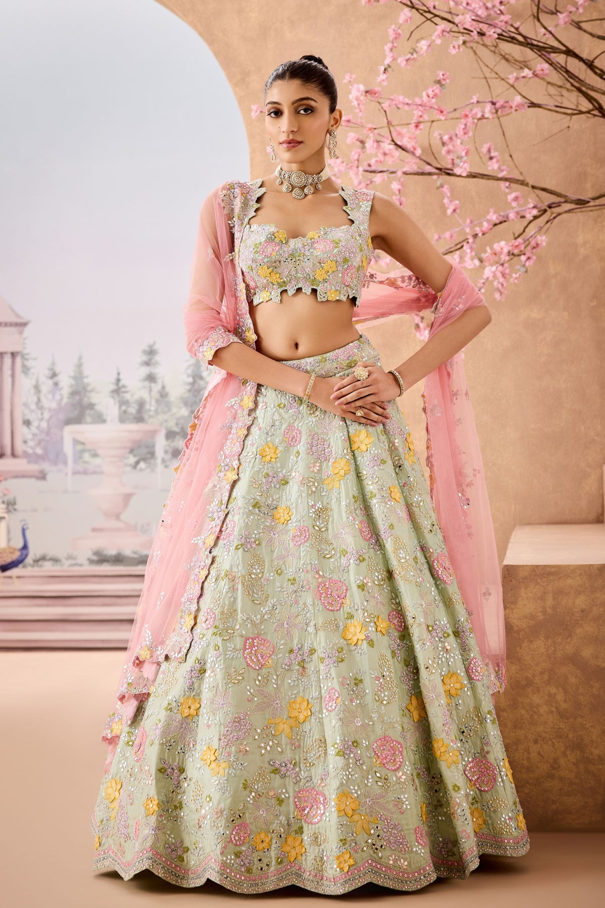 Msi Mint Yellow 3d Lehenga Set