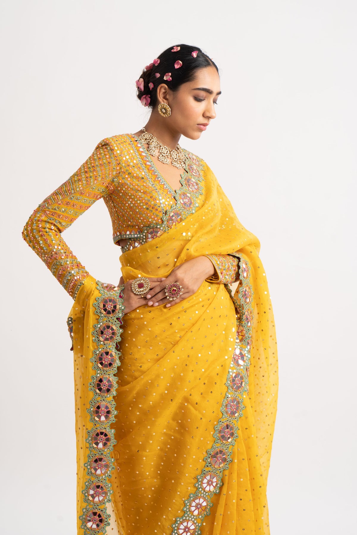 Yellow mirror border saree set