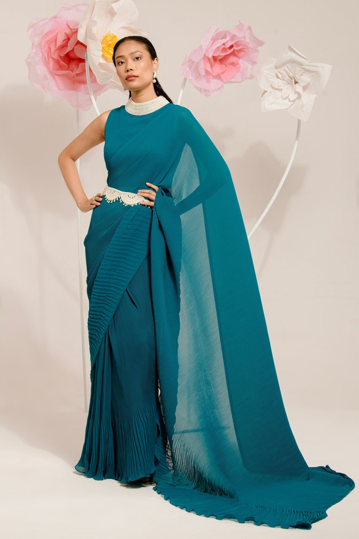 Pre-draped Peacock Green Saree