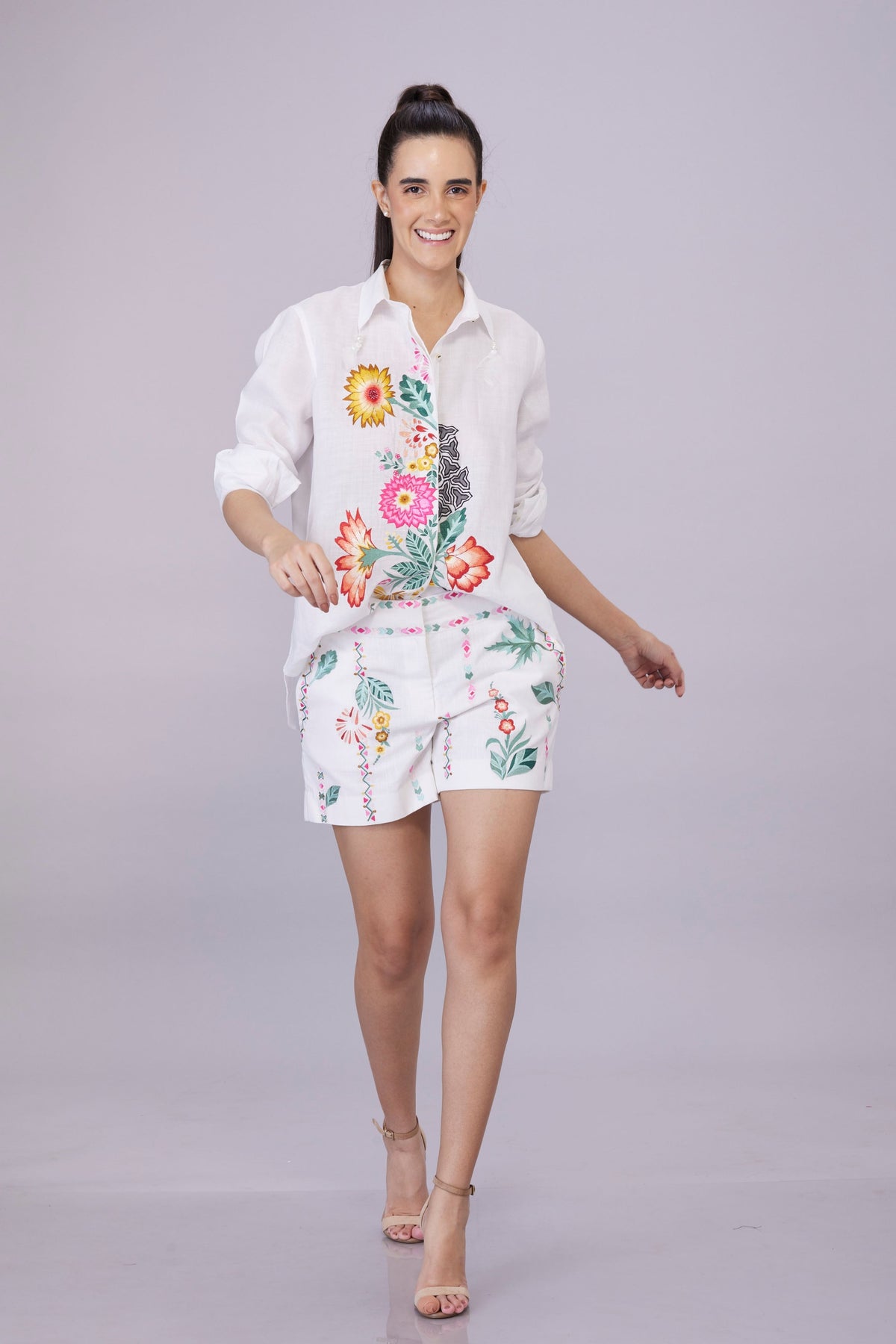 White Asymmetric Floral Embroidery Shirt