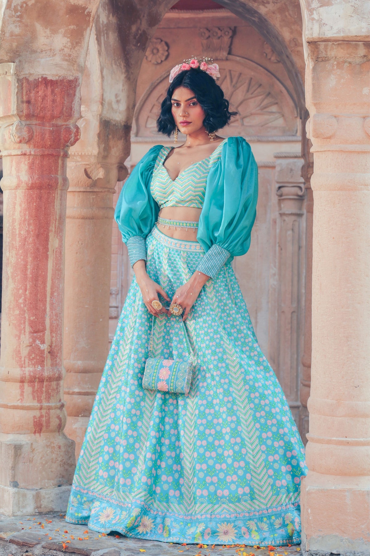 Aqua Embroidered Skirt Set