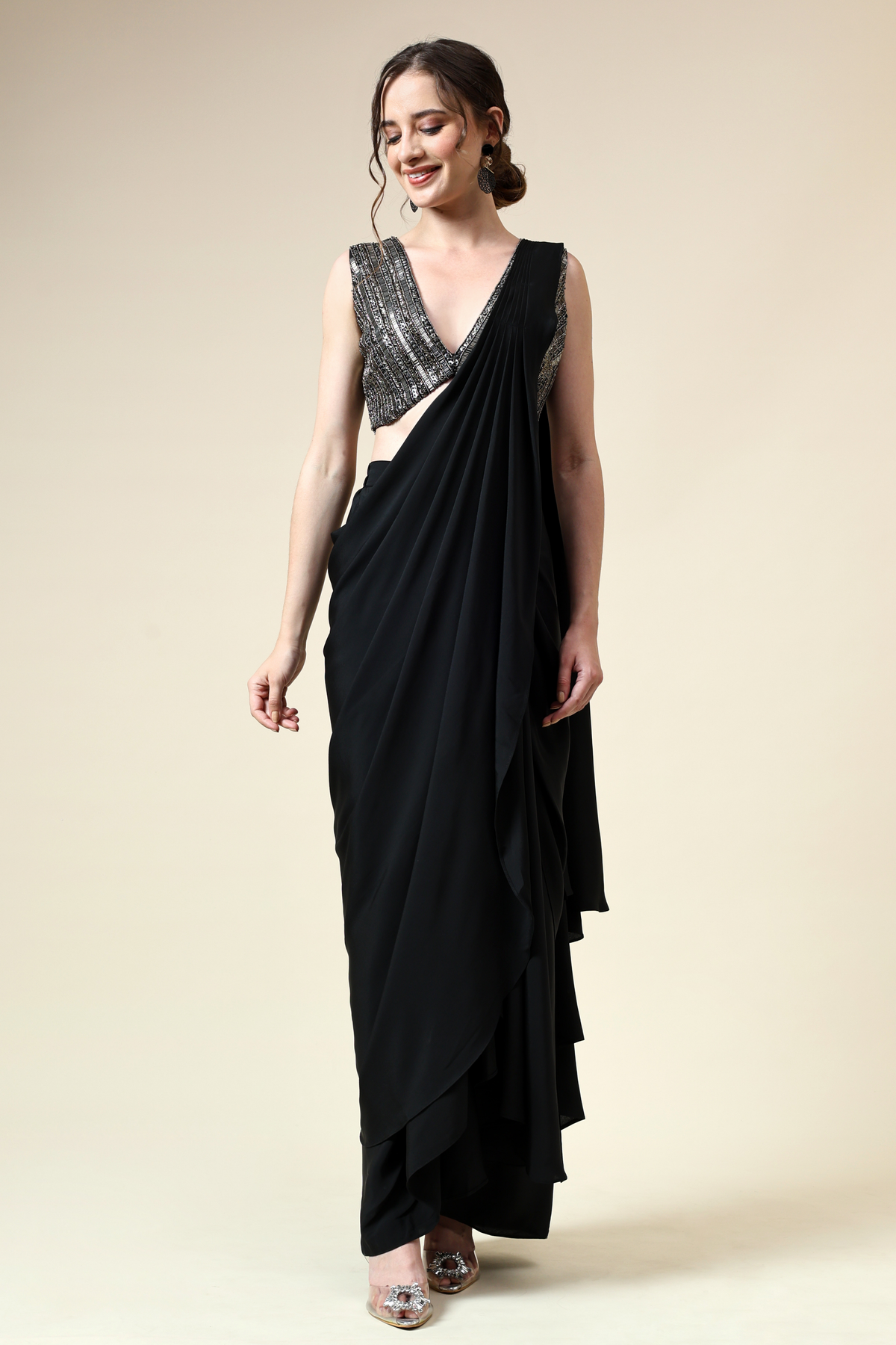 Gunmetal Embellished  Blouse With Pre- Draped Sari