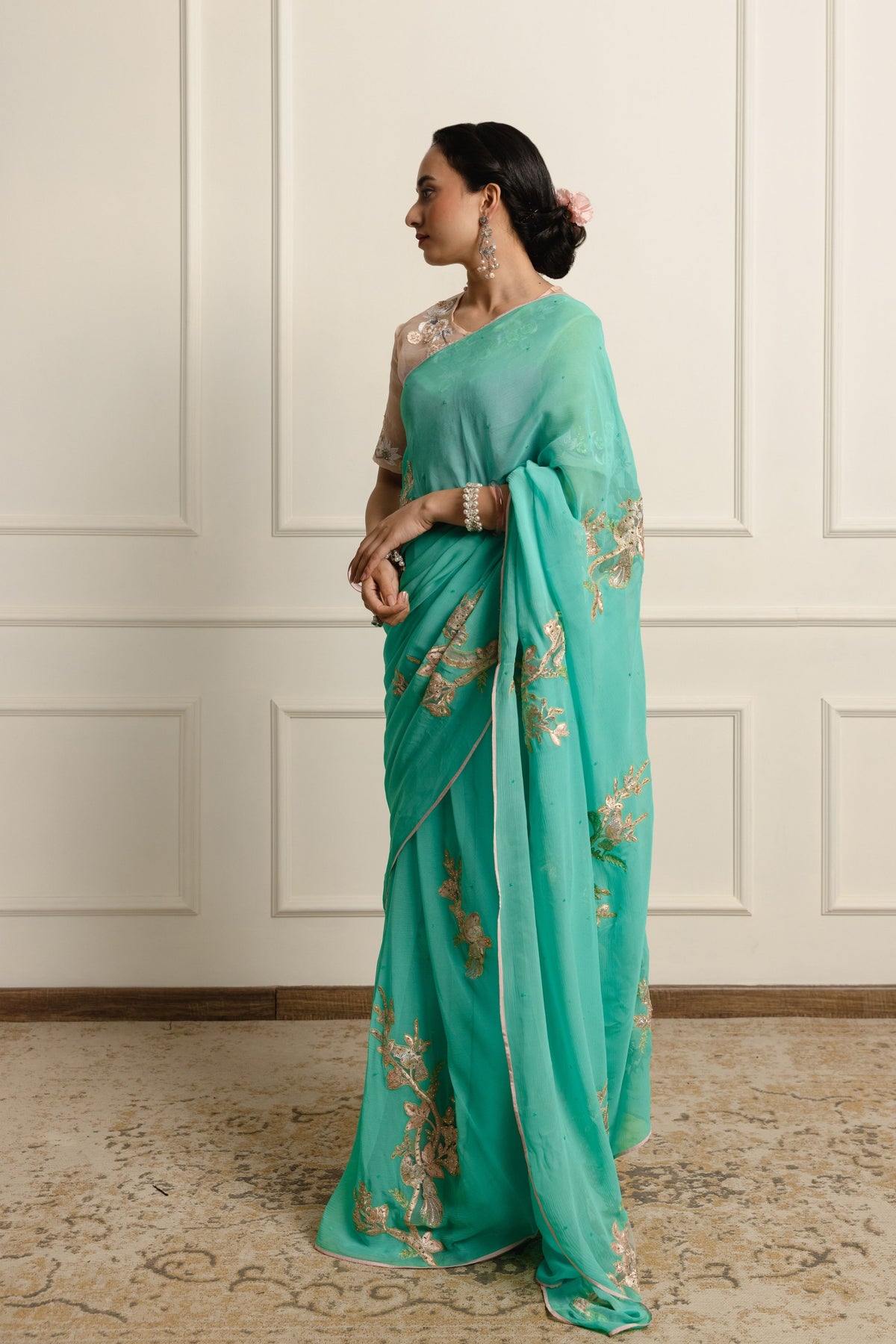 Azuria Teal Chiffon Saree