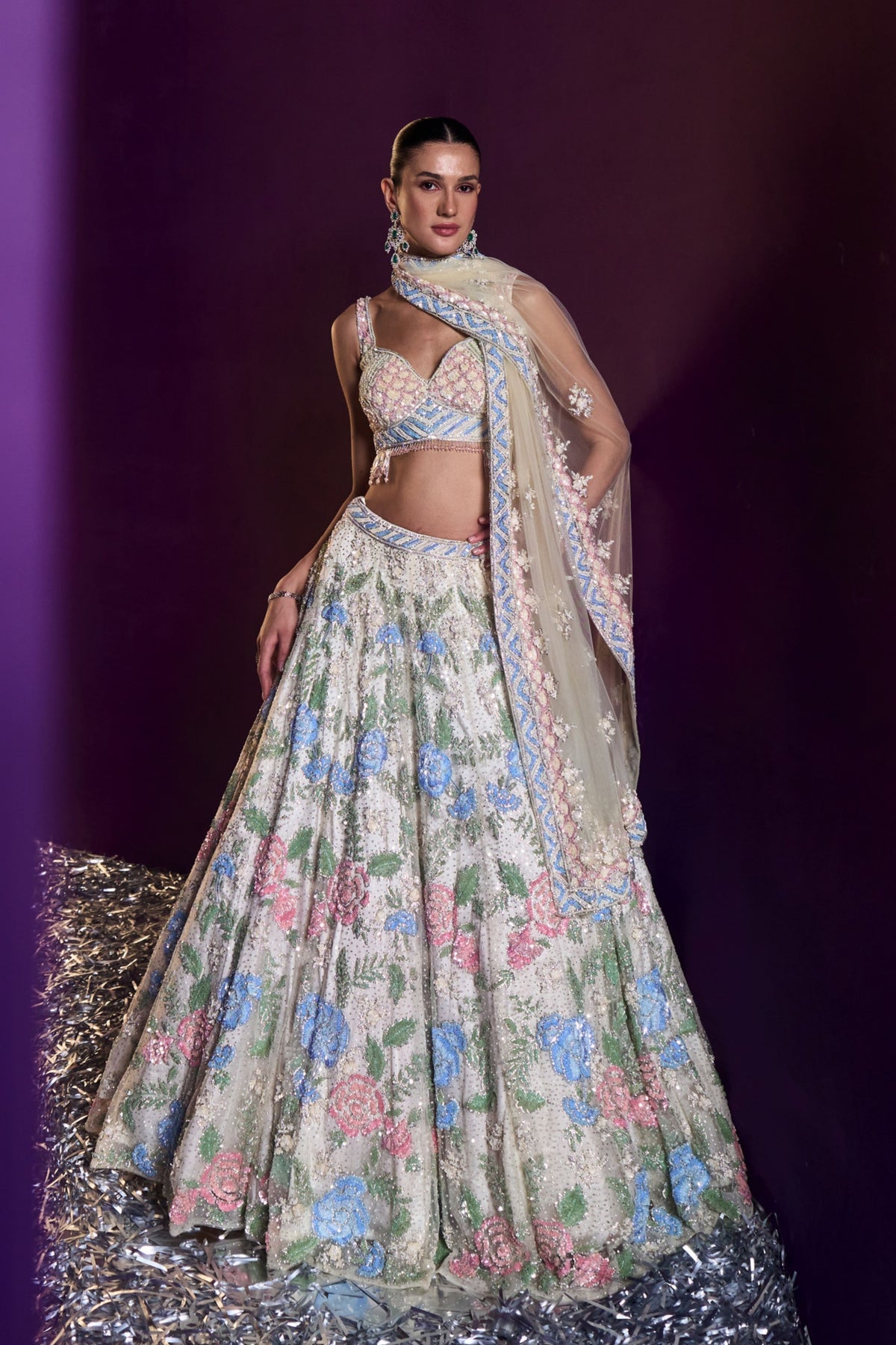 Ivory Net Floral Lehenga Set