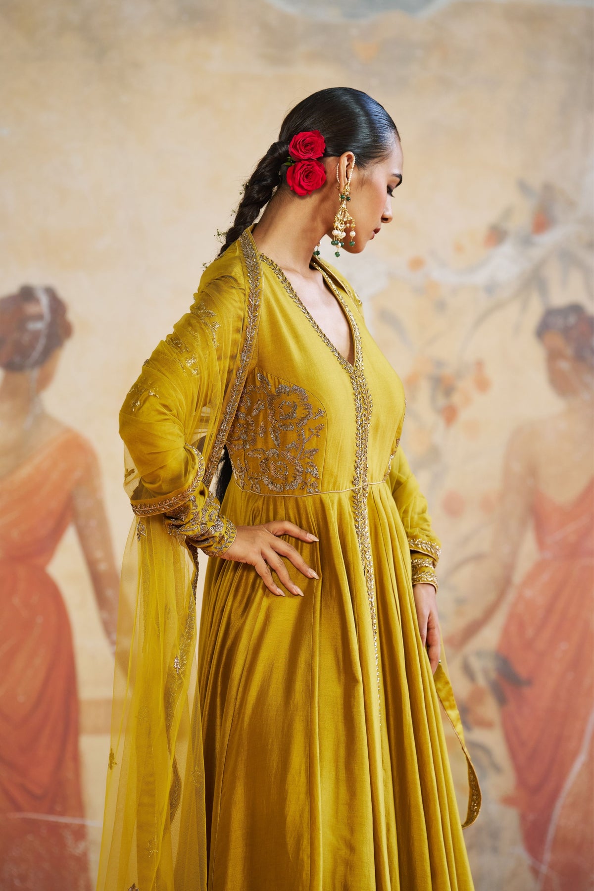 Olive Green Silk Anarkali Set