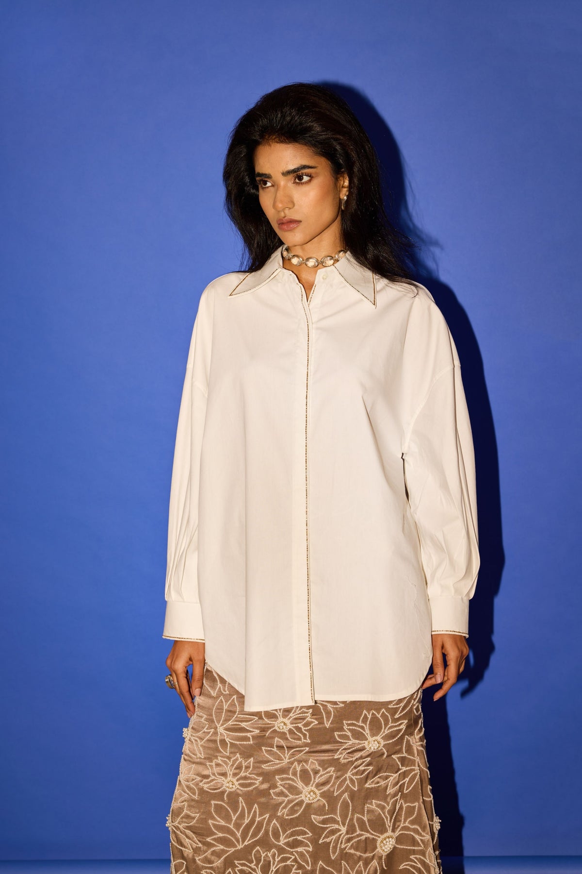 White Linework Embroidery Shirt