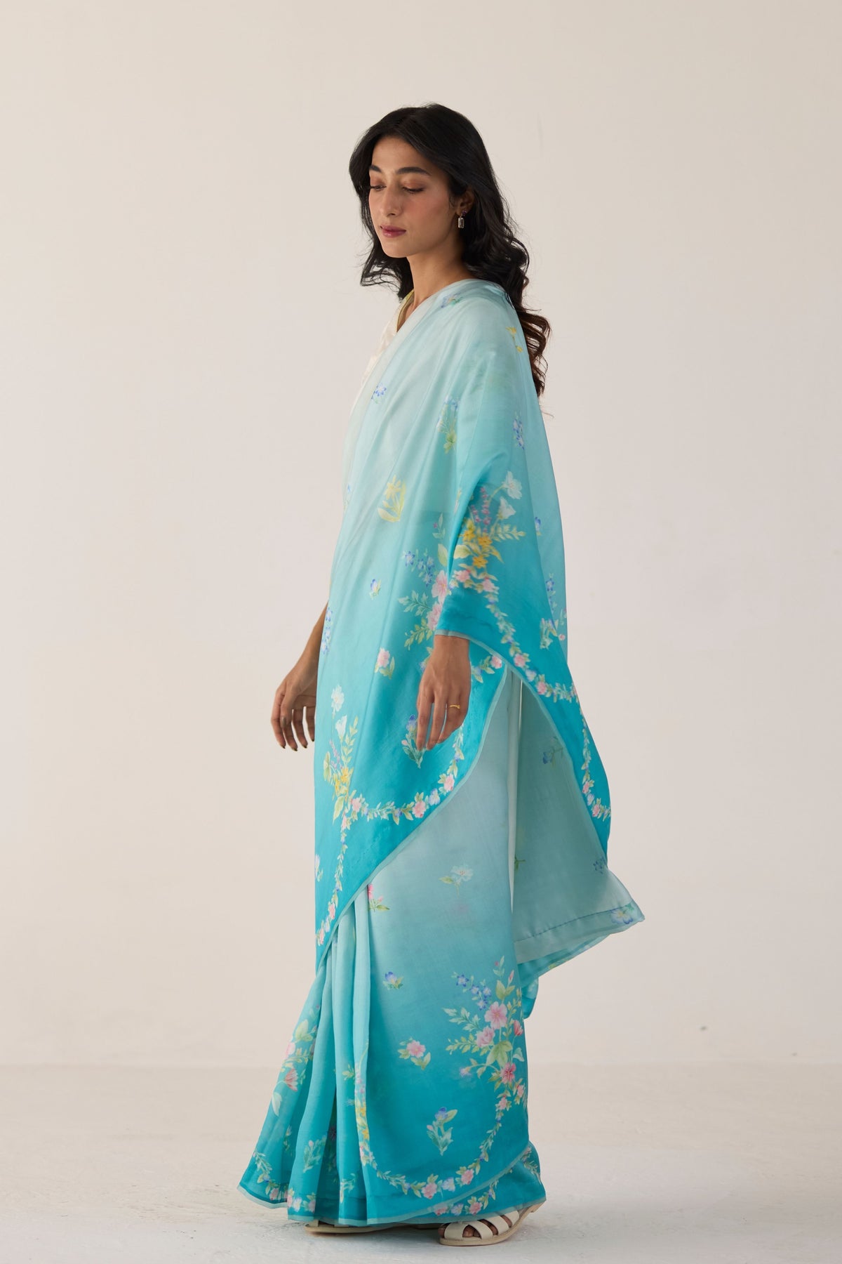 Blue Clover Field Mulberry Organza Silk Sari