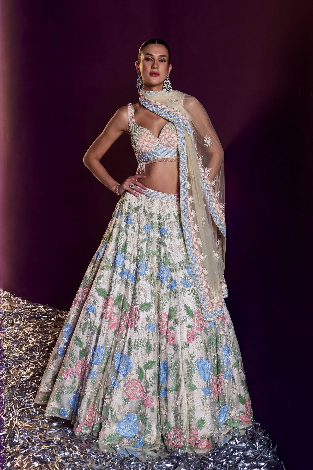 Ivory Net Floral Lehenga Set