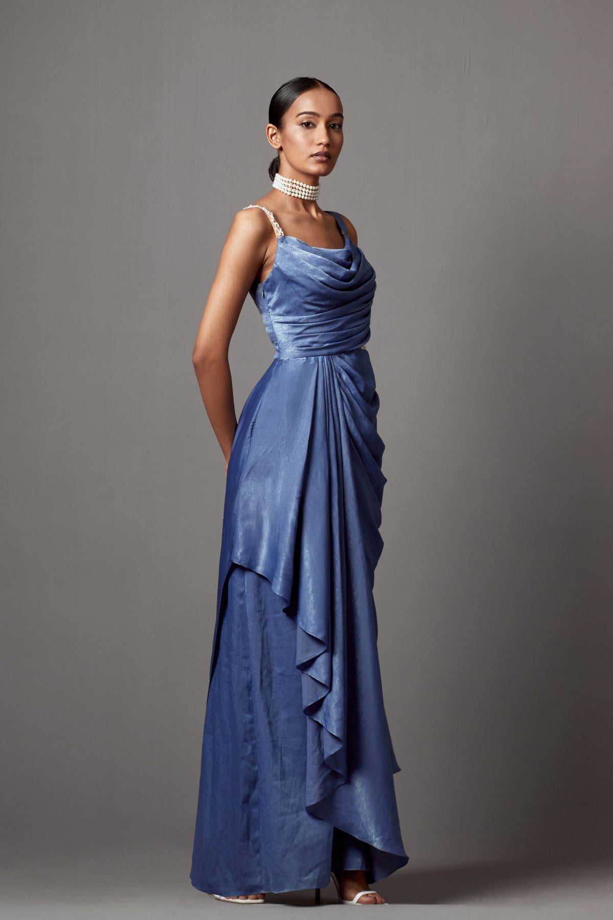 Dust Blue Drape Saree