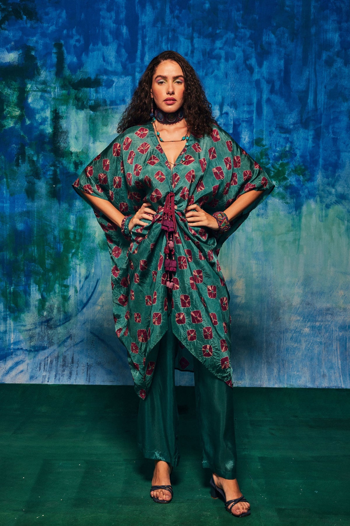 Shibori Coco Teal Kaftan Set