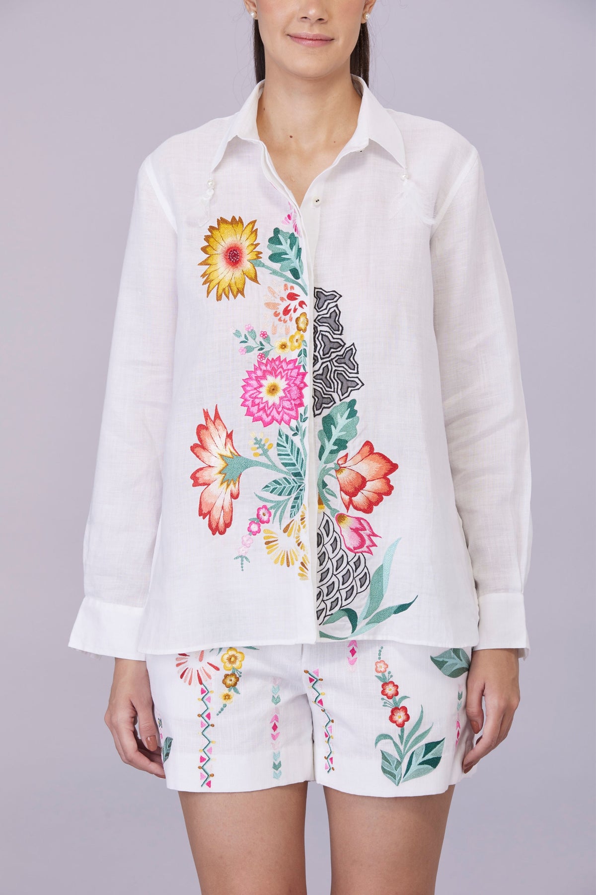 White Asymmetric Floral Embroidery Shirt