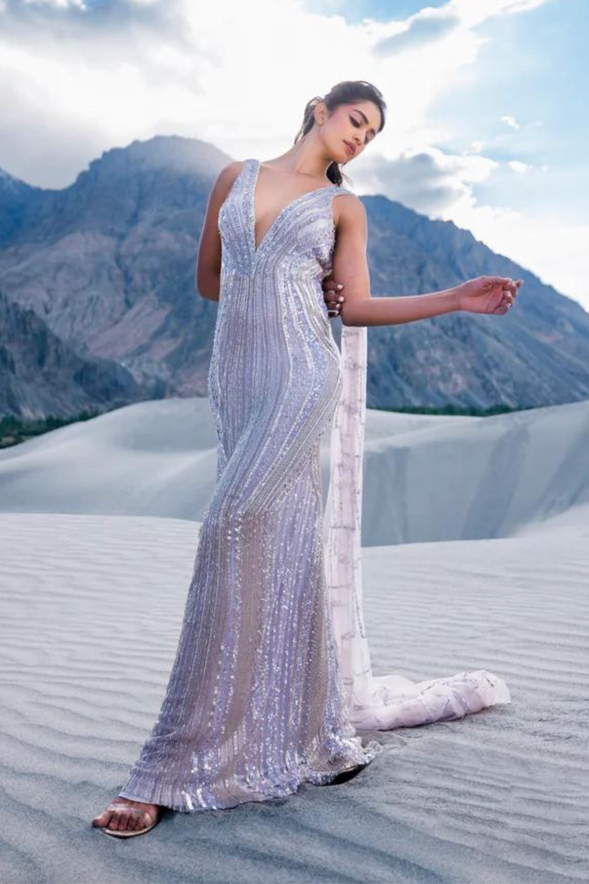 Metallic embroidered wing gown