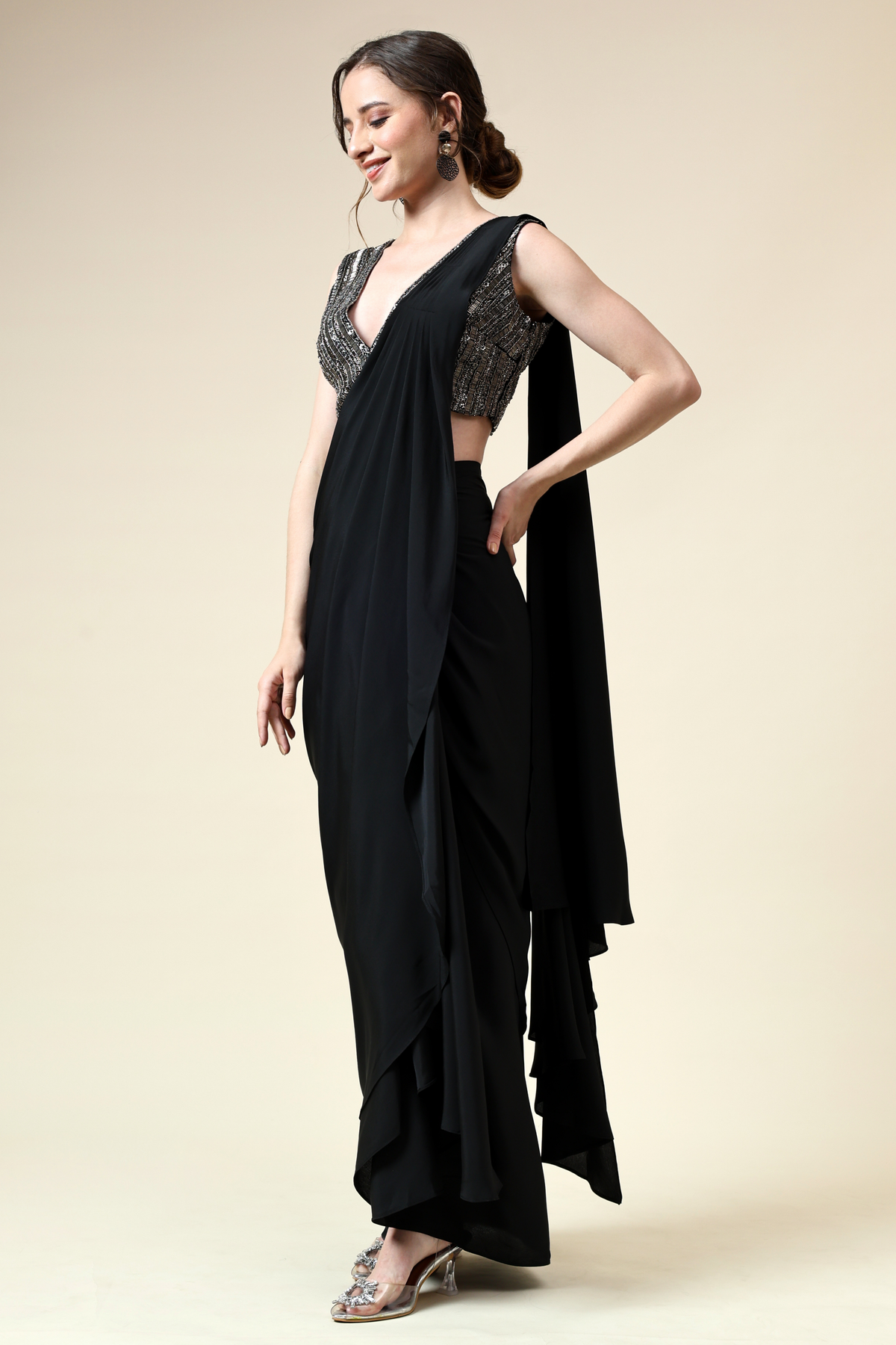 Gunmetal Embellished  Blouse With Pre- Draped Sari