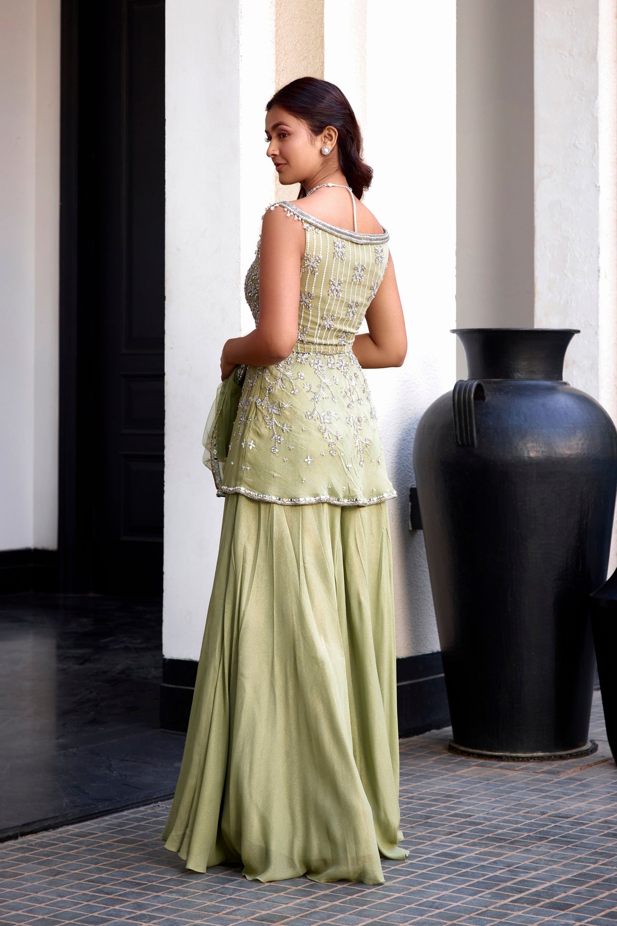 Sage Green Off Shoulder Sharara Set