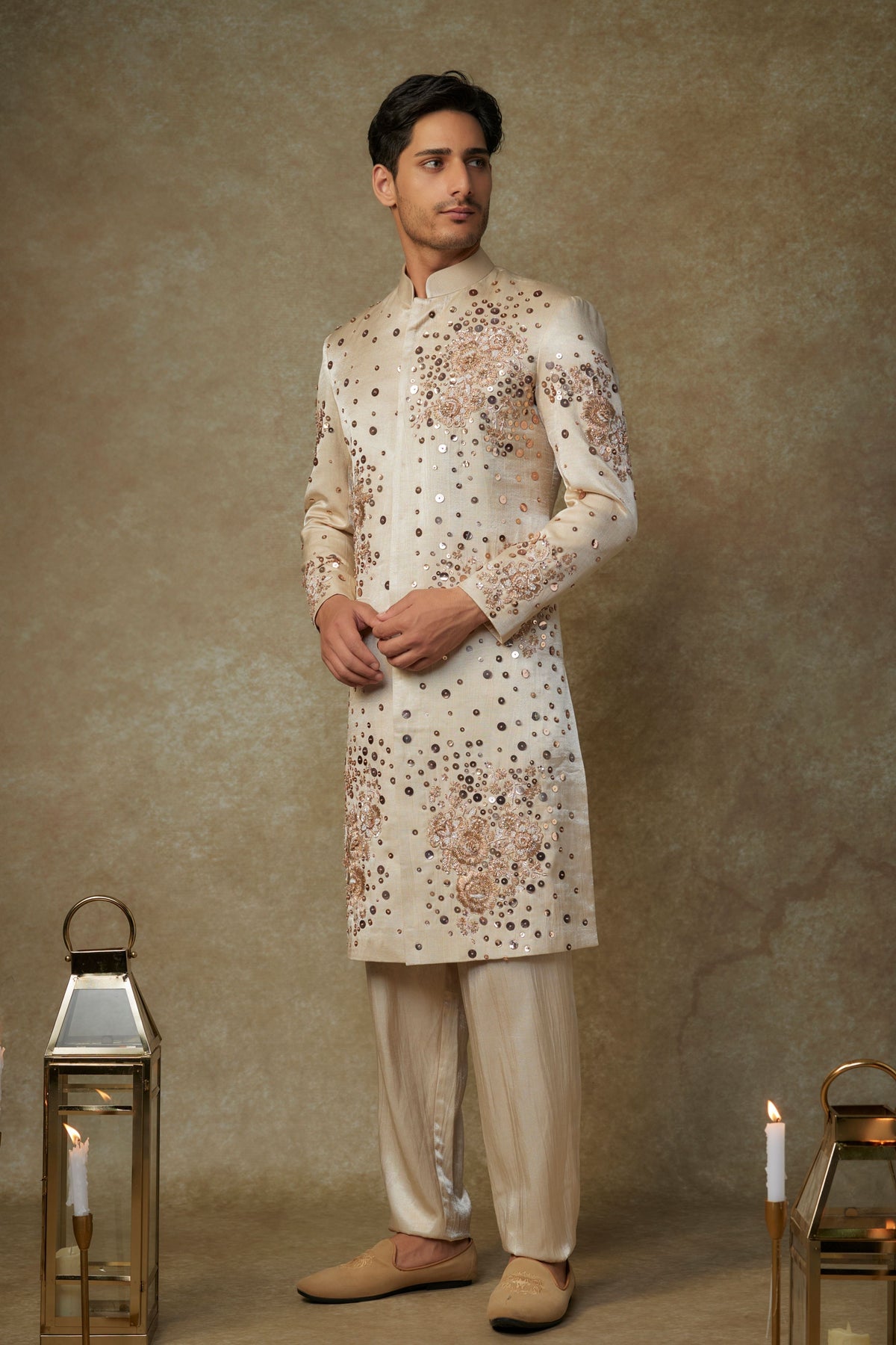 Beige Embroidered Sherwani Set