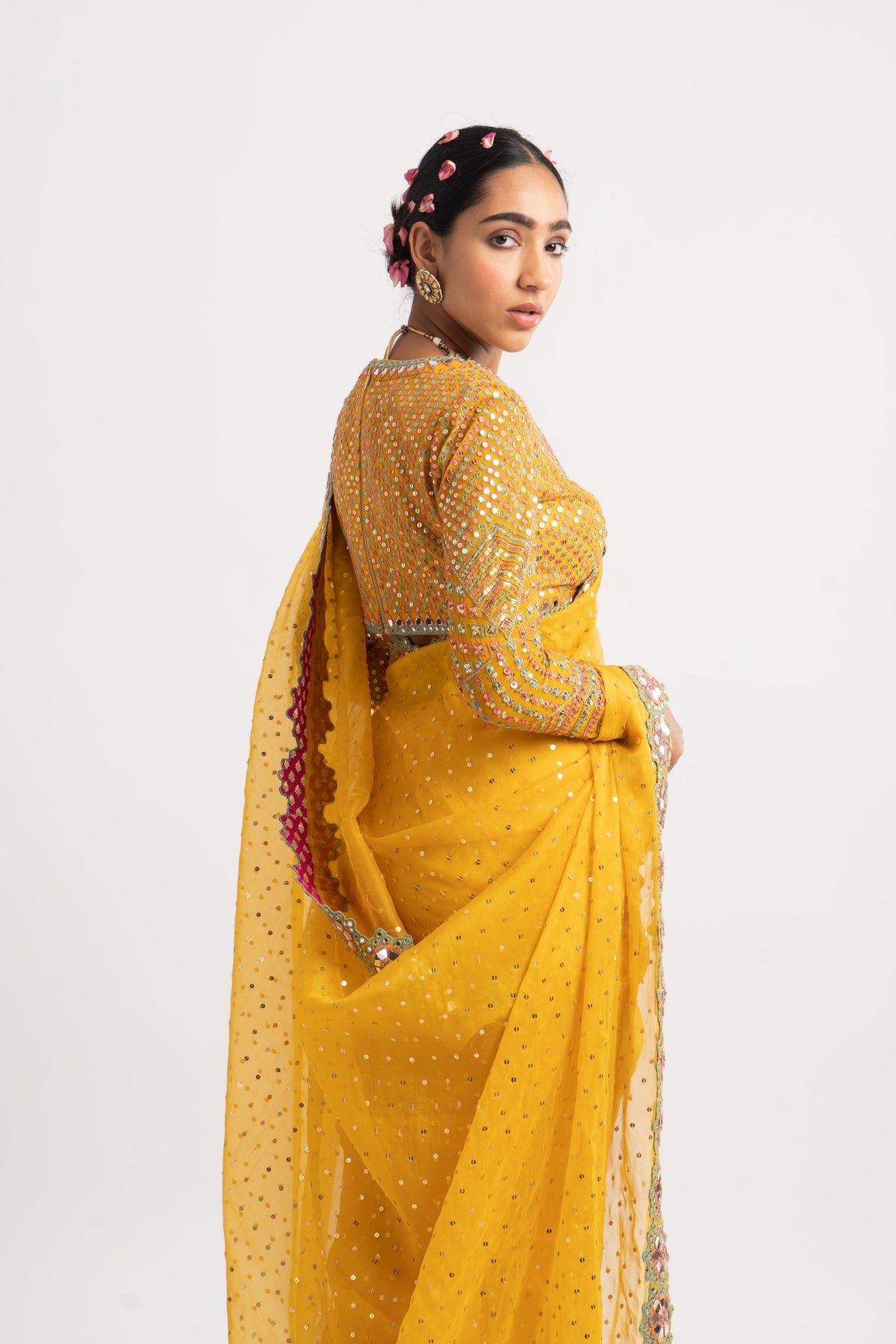 Yellow mirror border saree set