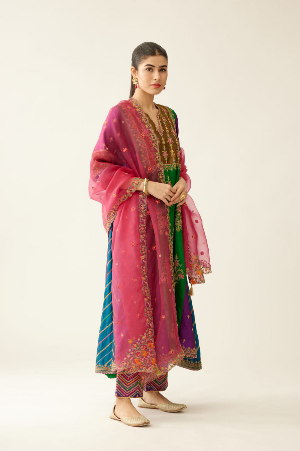 Multi Colored Panelled  Silk Kurta Set