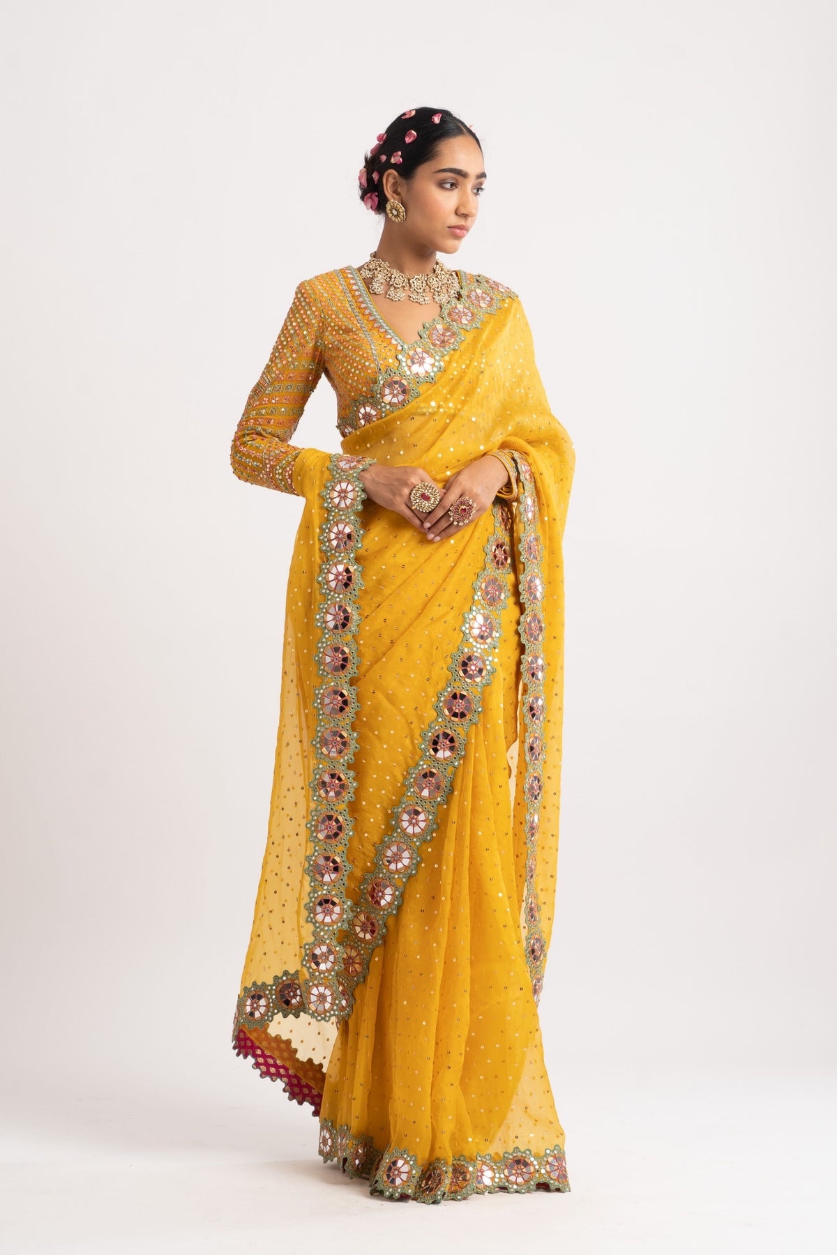 Yellow mirror border saree set