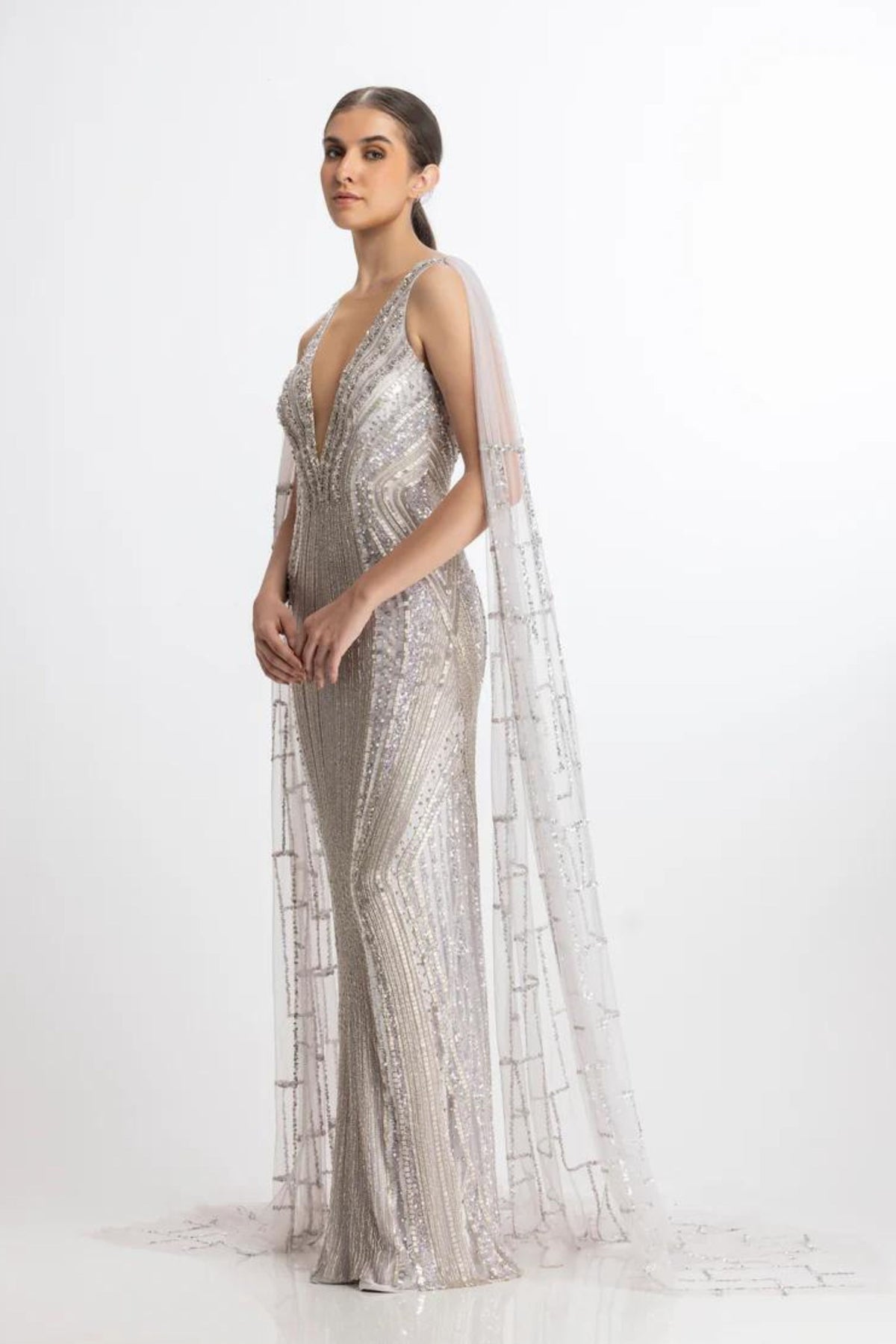 Metallic embroidered wing gown