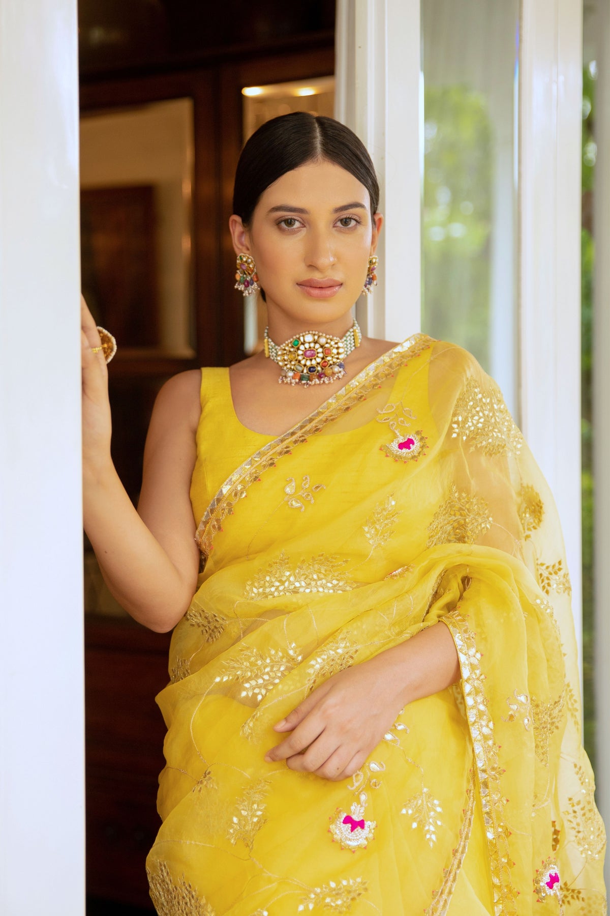 Yellow Gota Patti Jaal Saree Set