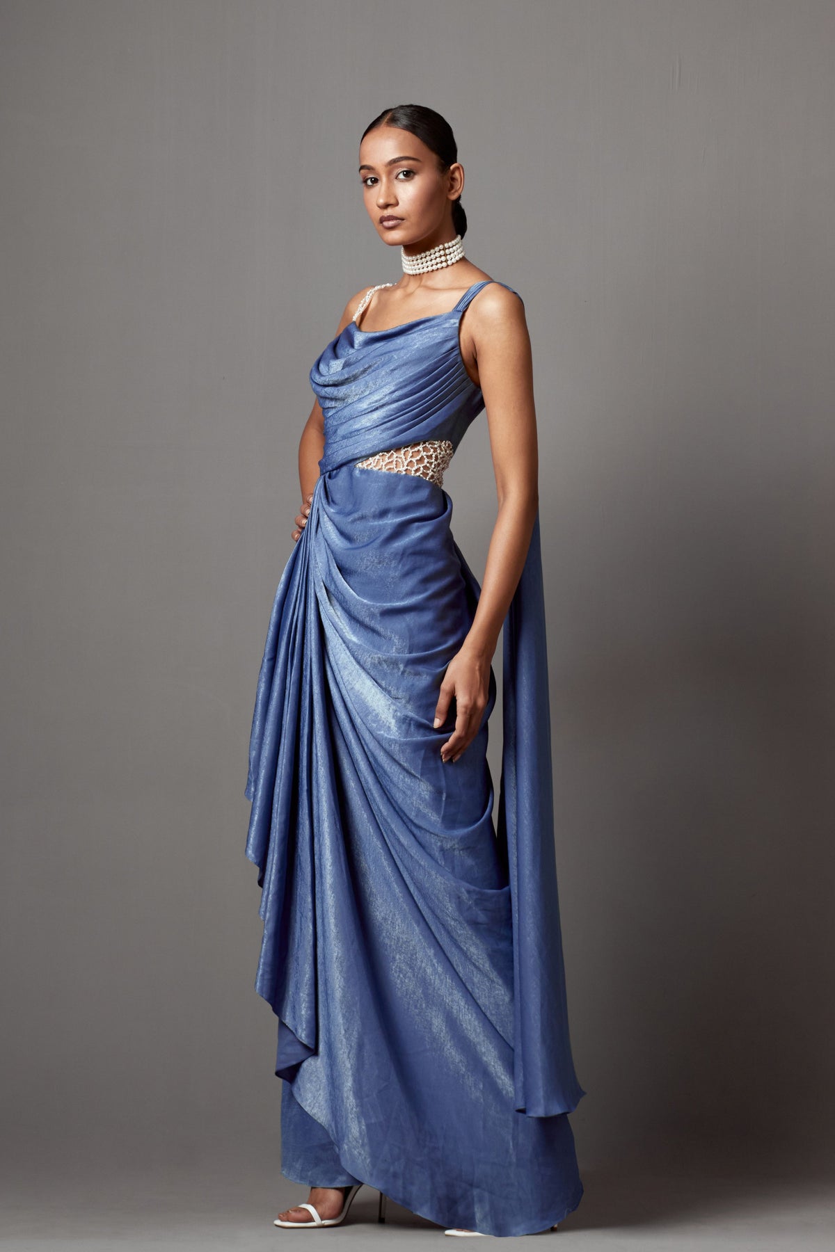 Dust Blue Drape Saree