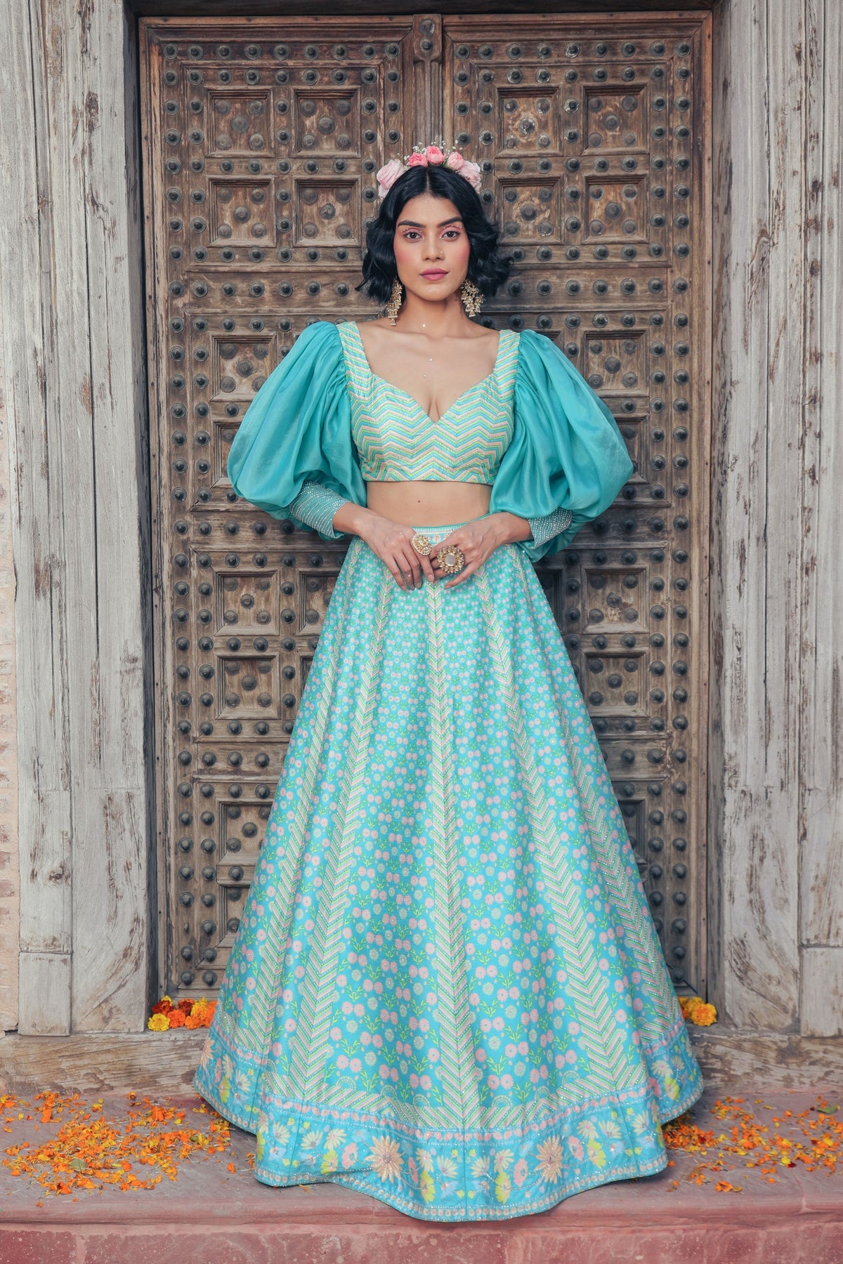 Aqua Embroidered Skirt Set