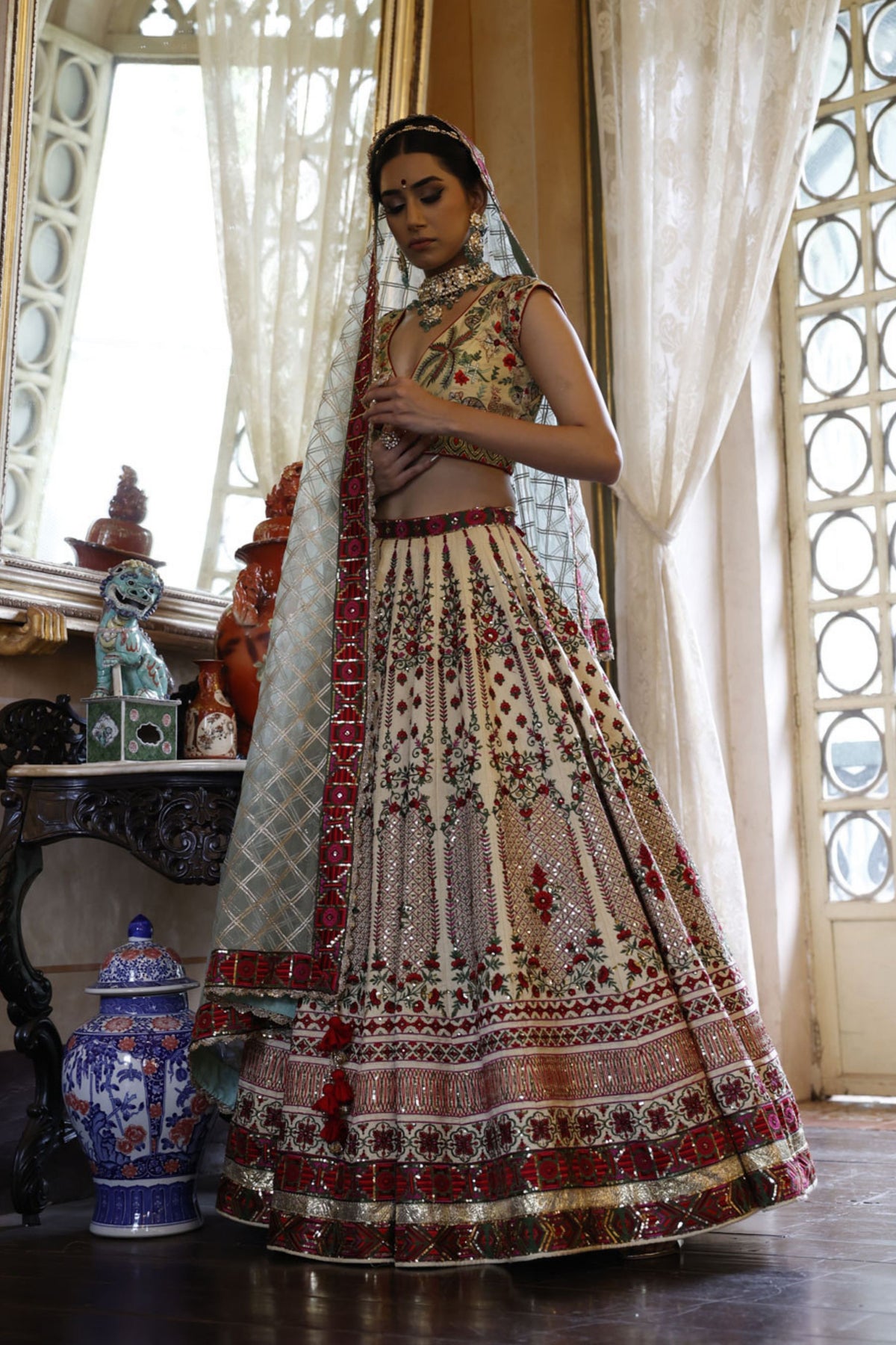 Ivory Kali Lehenga with Choli and Dupatta