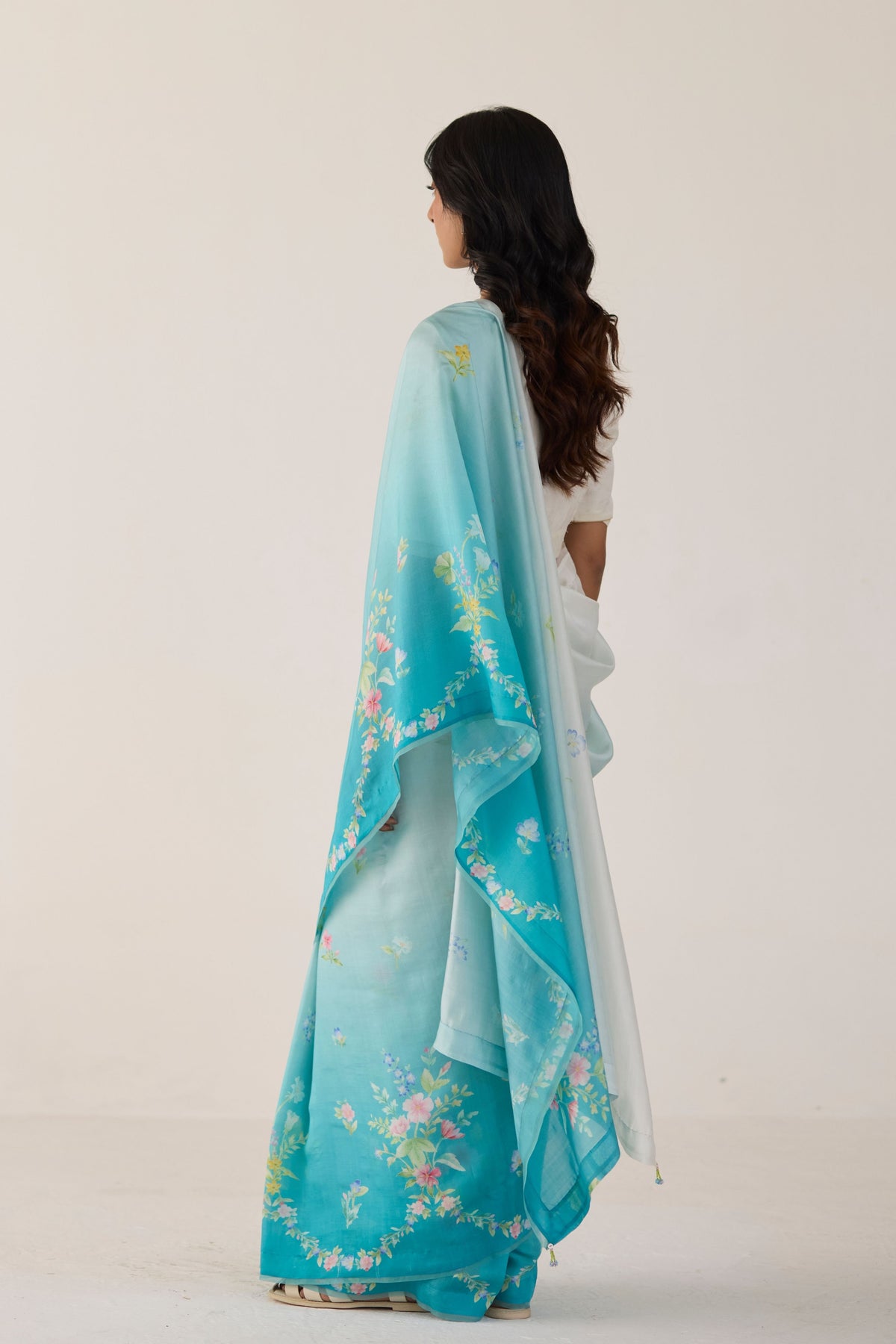 Blue Clover Field Mulberry Organza Silk Sari