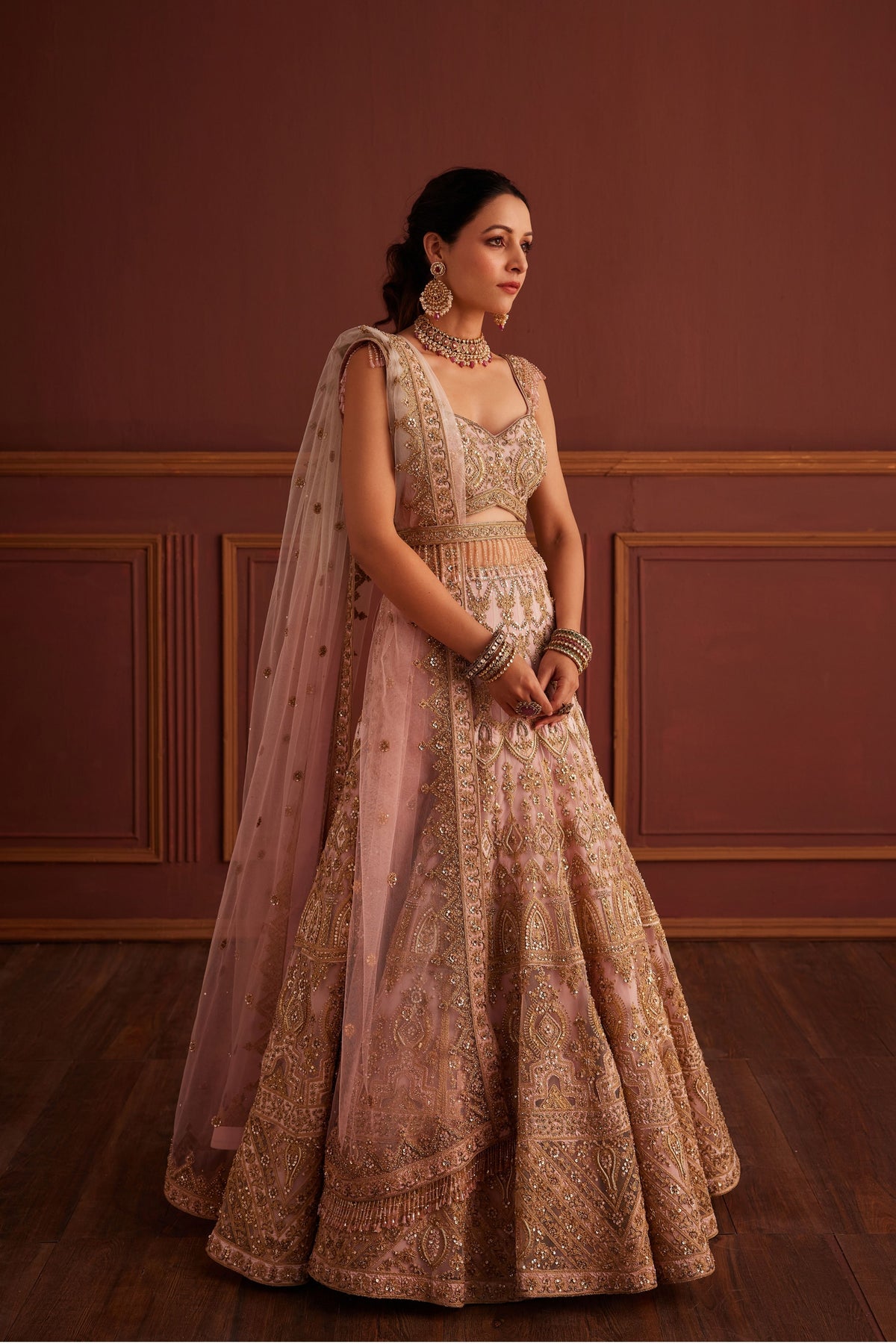 Pink Cutdana &amp; Dabka Embellished Lehenga