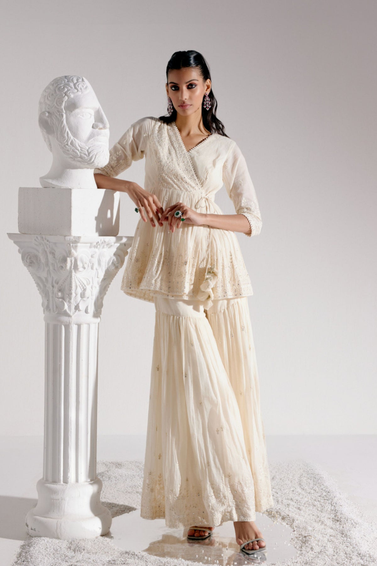 Off White Lotus Peplum Sharara Set