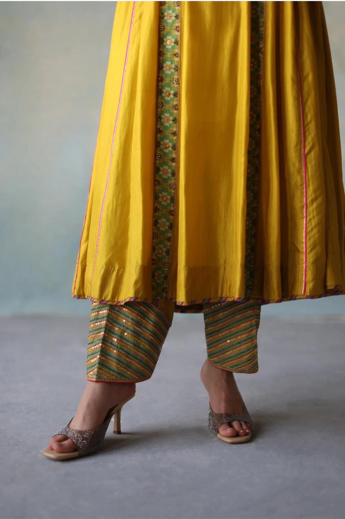 Gul Lime Yellow Side Kali Crepe Kurta Set