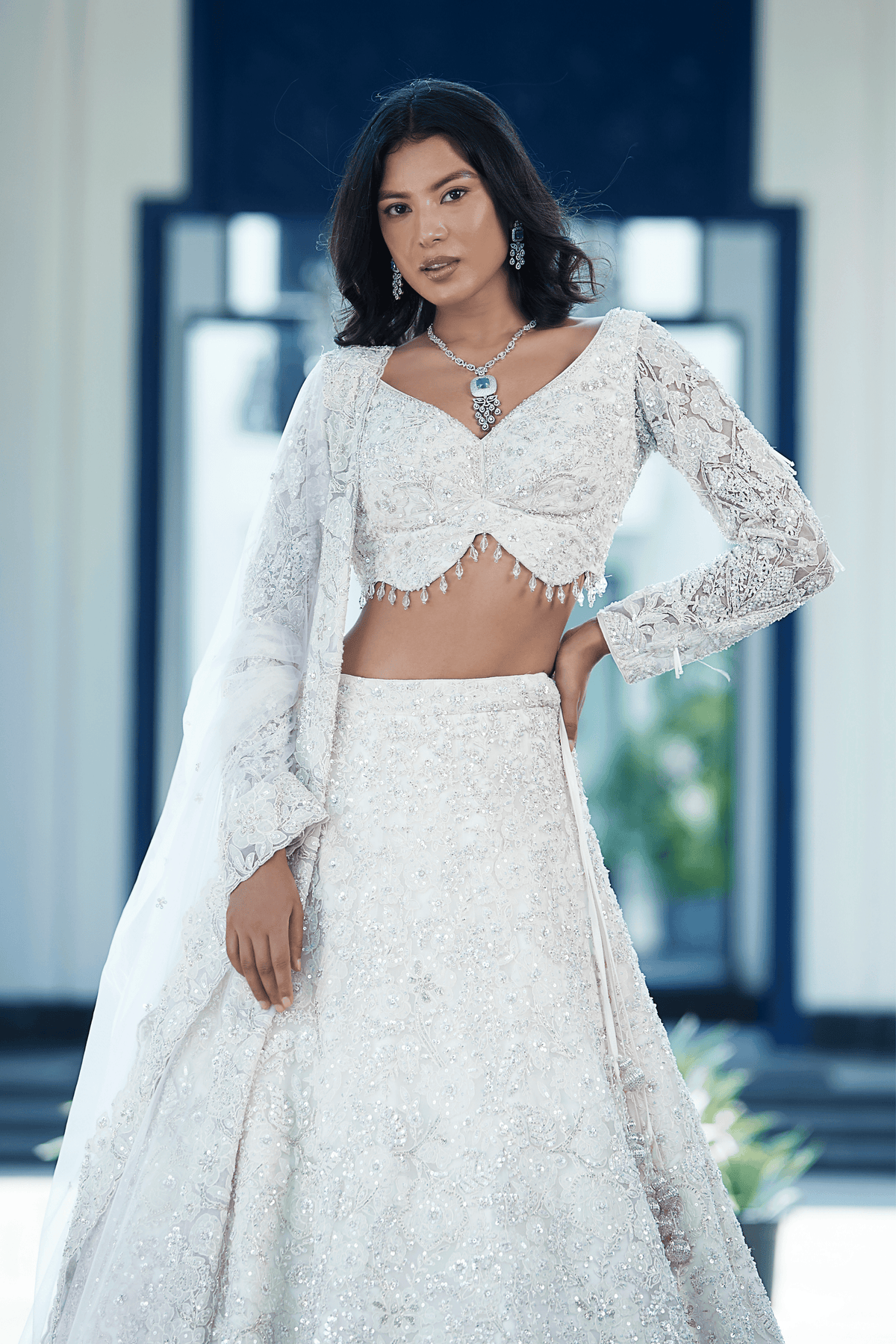 White Organza Embroidered Lehenga Set