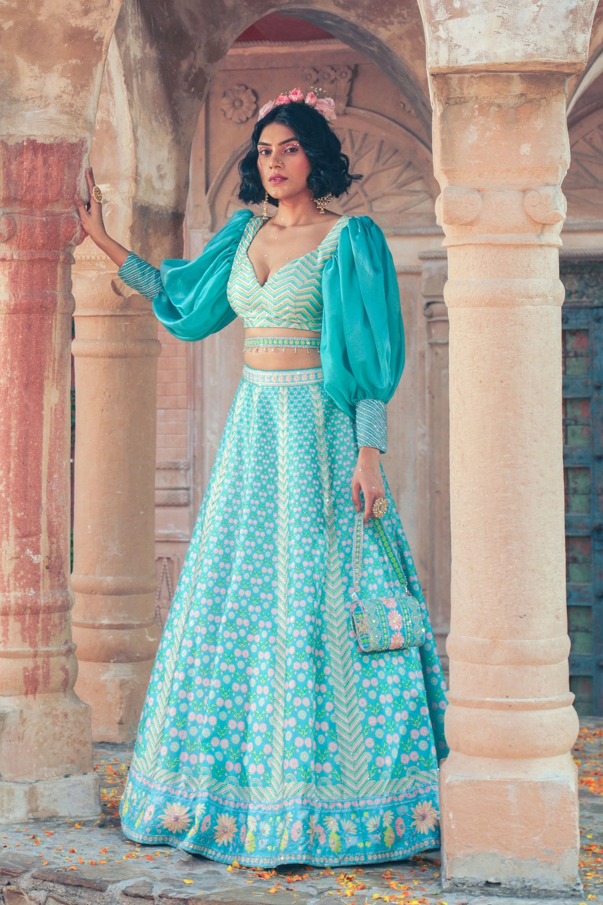 Aqua Embroidered Skirt Set