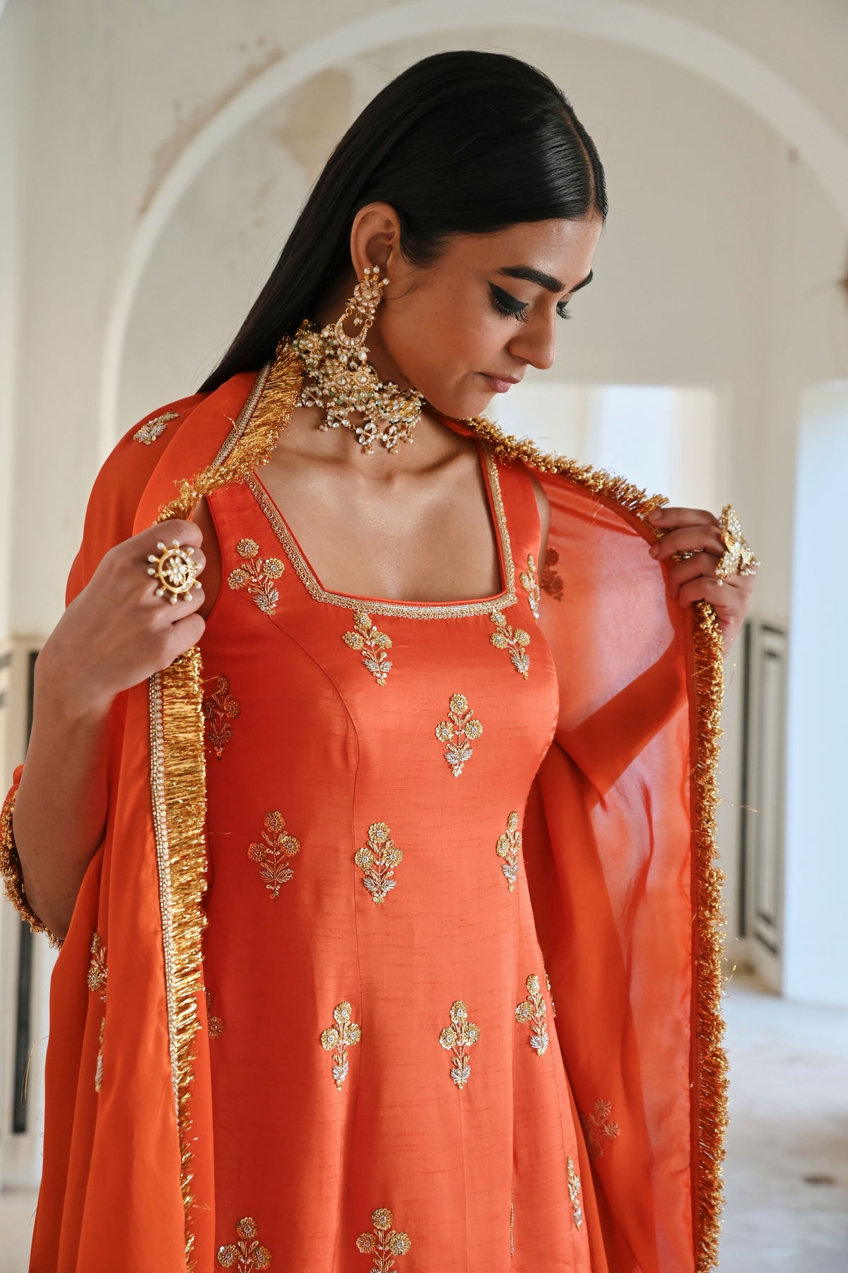 Orange Embroidered Kurta Set