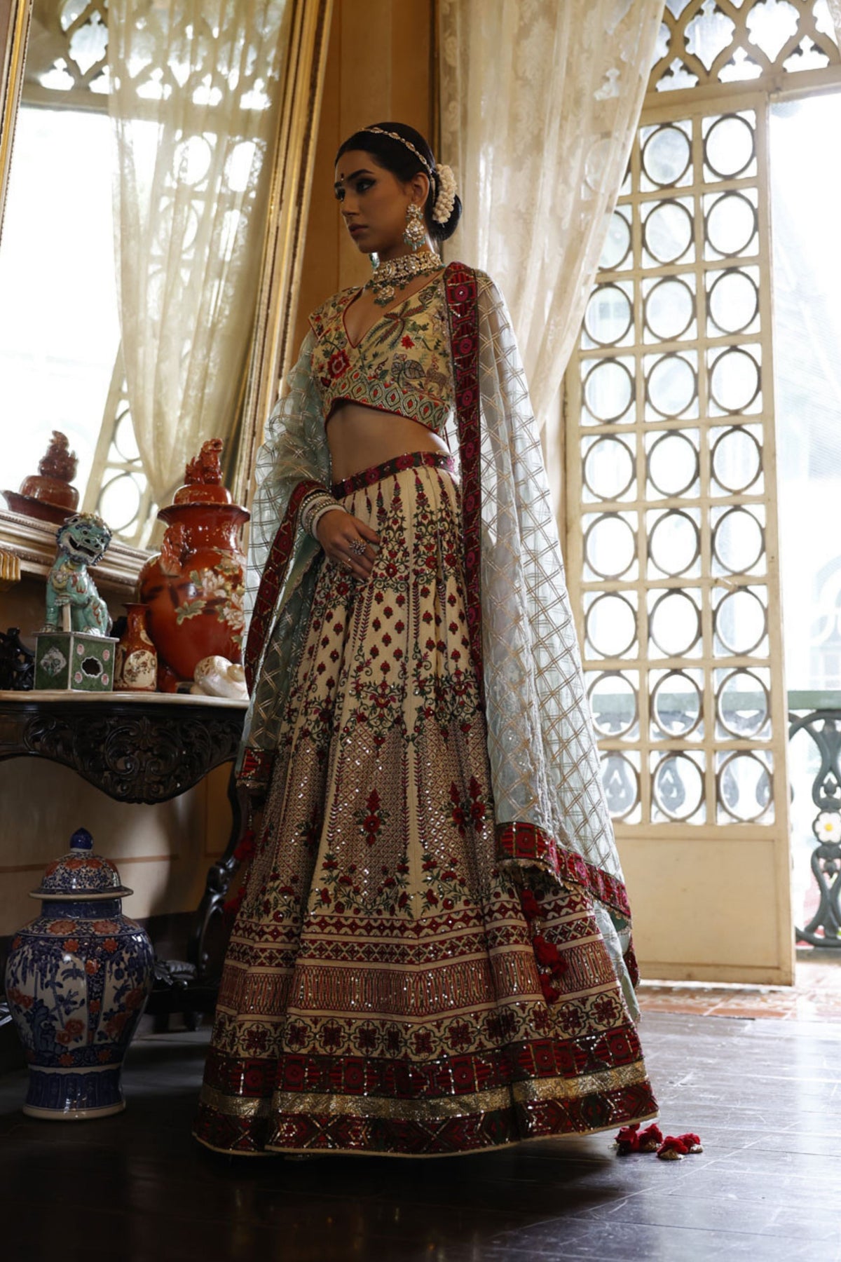 Ivory Kali Lehenga with Choli and Dupatta