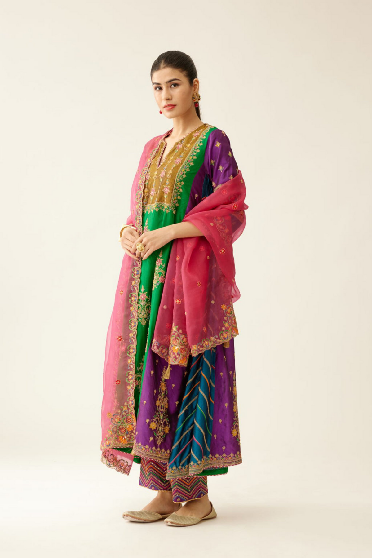 Multi Colored Panelled  Silk Kurta Set