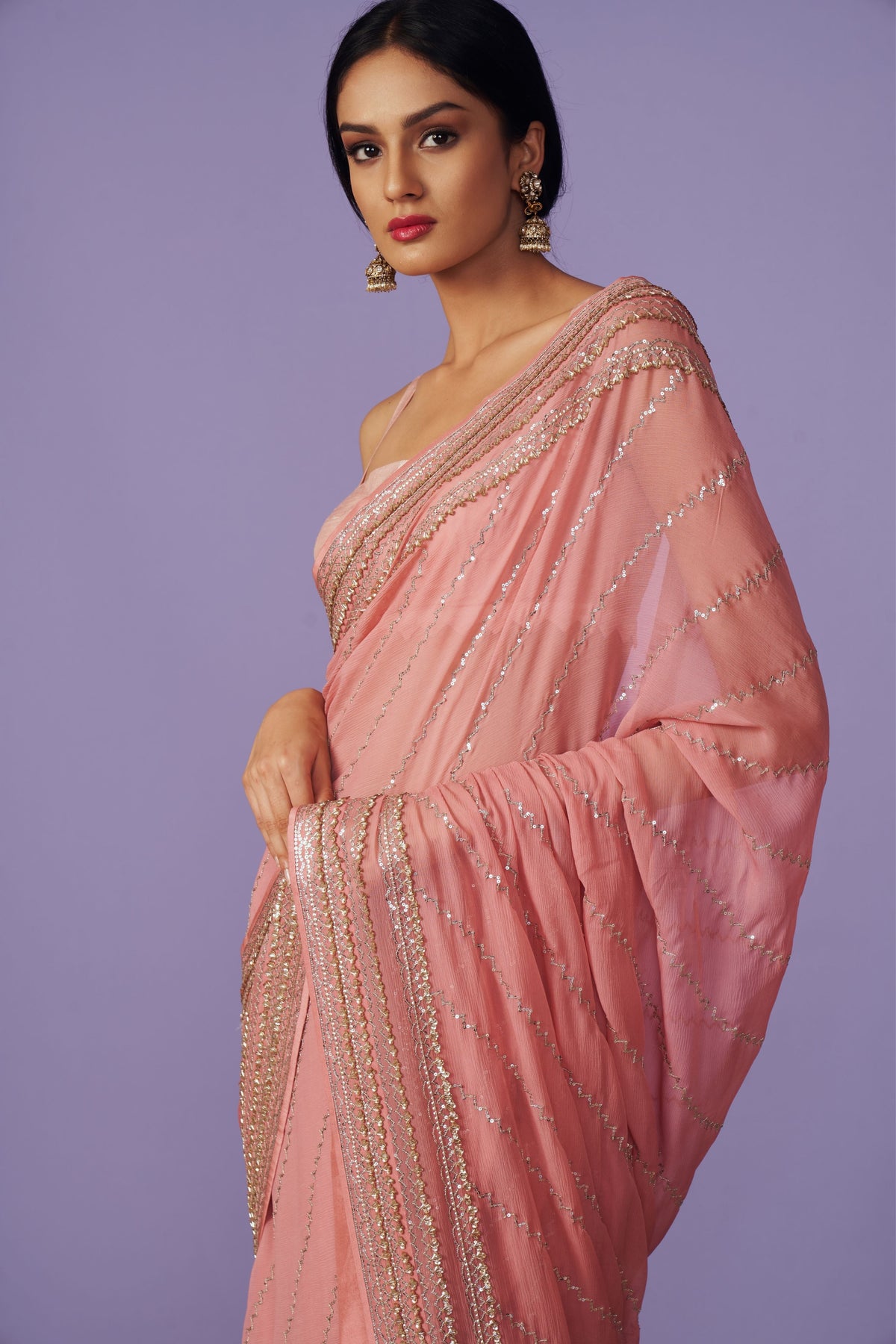 Sequins Border Pink Saree Set