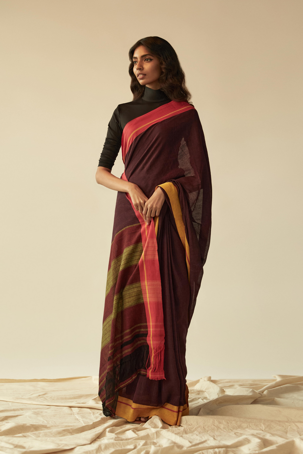 Handwoven Maroon Cotton Patteda Anchu Saree