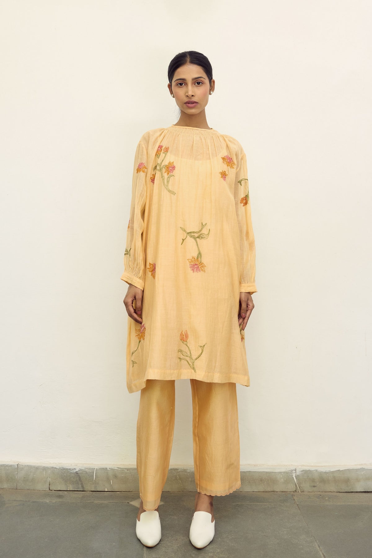 Embroidered Peach Chanderi Tunic